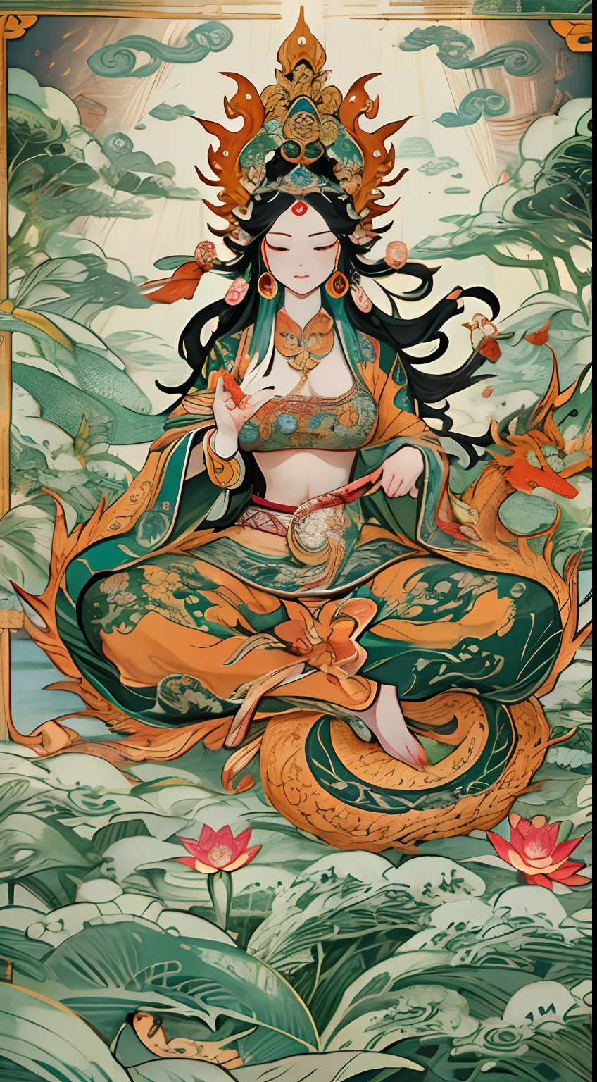 an ancient Chinese goddess, guanyin of the southern seas, Guanyin, Inspired by India, Avalokiteshvara rides a dragon,,Serene expression,shui mo hua,Buddha,Buddhist,Lotus,Chinese painting style,Thangka style