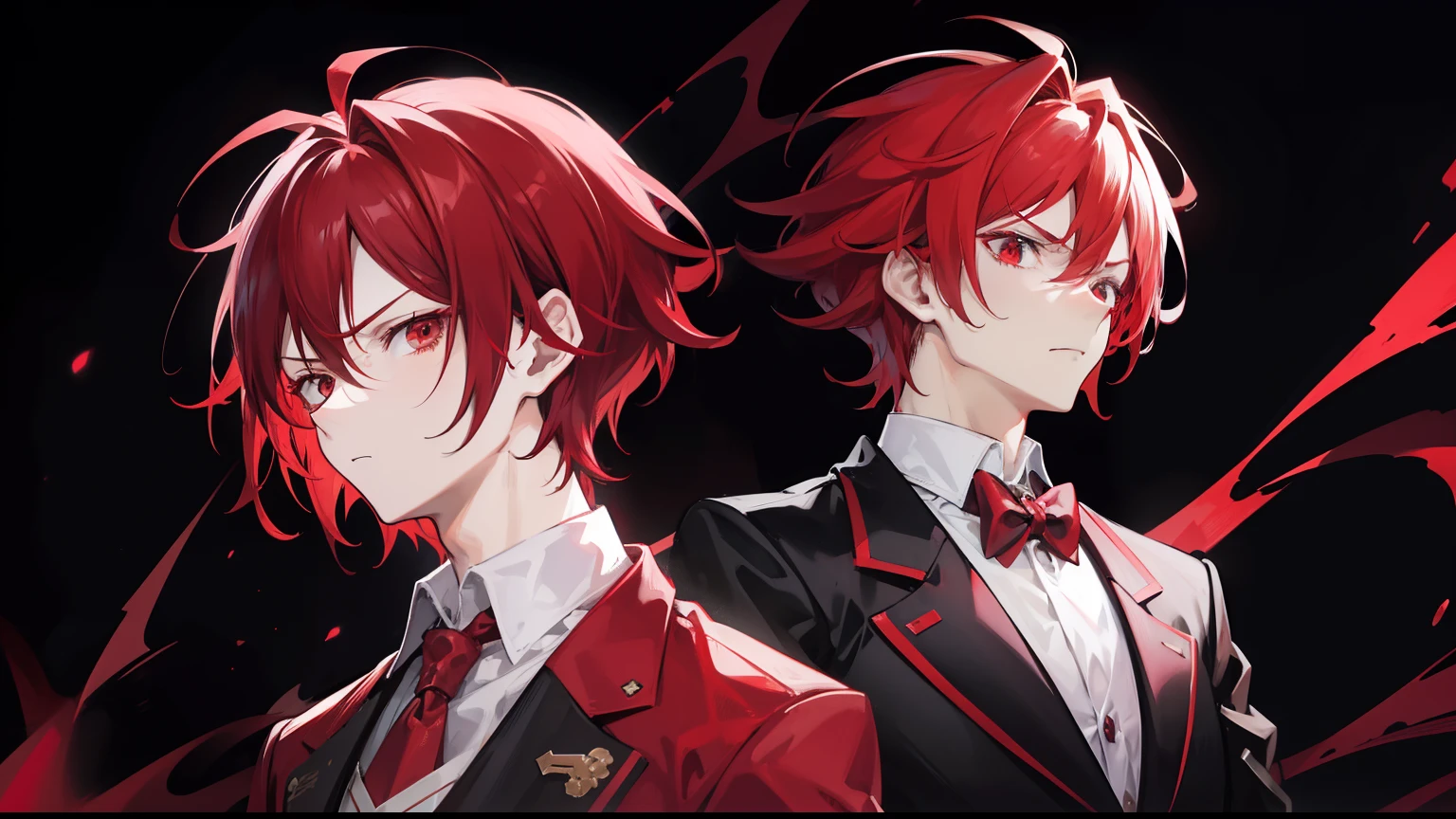 Tall anime male, short messy red hair, red eyes, masculine face, scowl on his face, simple maroon color suit, standing upright, black background with red lightning strikes, 8k, high resolution