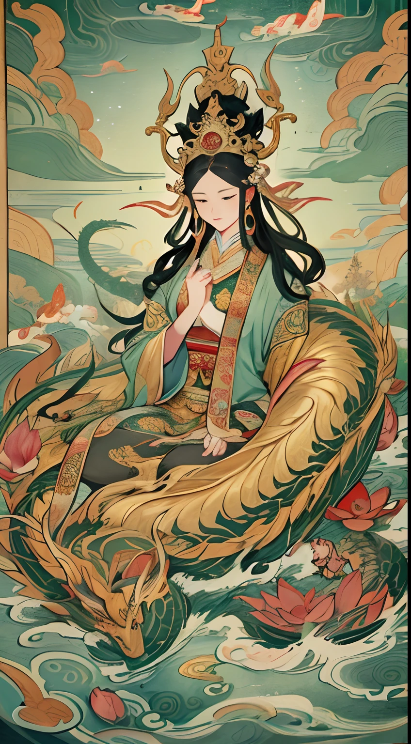 an ancient Chinese goddess, guanyin of the southern seas, Guanyin, Inspired by India, Avalokiteshvara rides a dragon，,Serene expression,shui mo hua,Buddha,Buddhist,Lotus,Chinese painting style,Thangka style