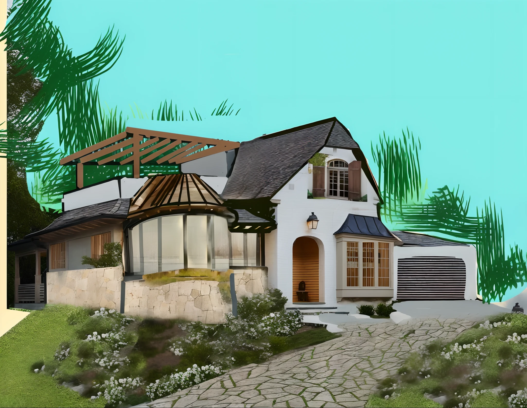 arafed house with a stone pathway and a stone path leading to a stone patio, in style of 3d render, cottage, stylized digital illustration, french village exterior, concept house, 3d rendering, 3 d rendering, complete house, exterior design, fantasy house, beautiful rendering, photorealistic style, a digital rendering, pre-rendered