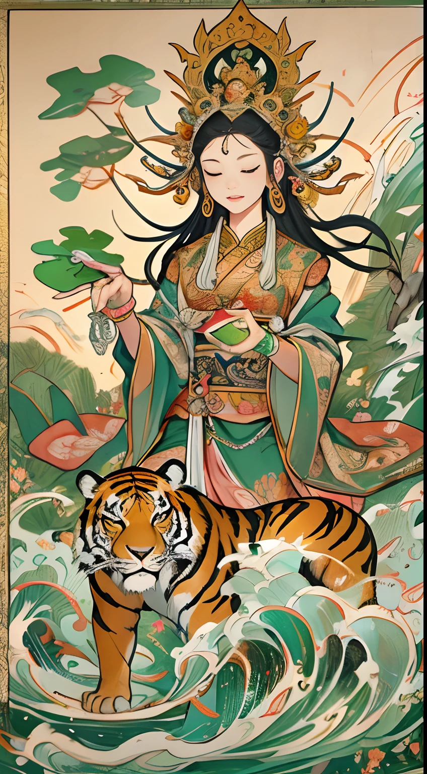 an ancient Chinese goddess, guanyin of the southern seas, Guanyin, Inspired by India, Avalokiteshvara rides a tiger,,Serene expression,shui mo hua,Buddha,Buddhist,Lotus,Chinese painting style,Thangka style