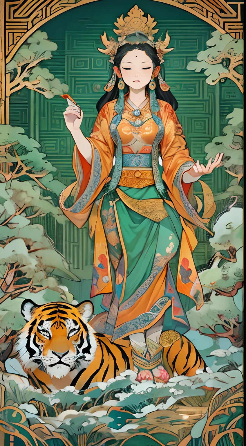 an ancient Chinese goddess, guanyin of the southern seas, Guanyin, Inspired by India, Avalokiteshvara rides a tiger，,Serene expression,shui mo hua,Buddha,Buddhist,Lotus,Chinese painting style,Thangka style