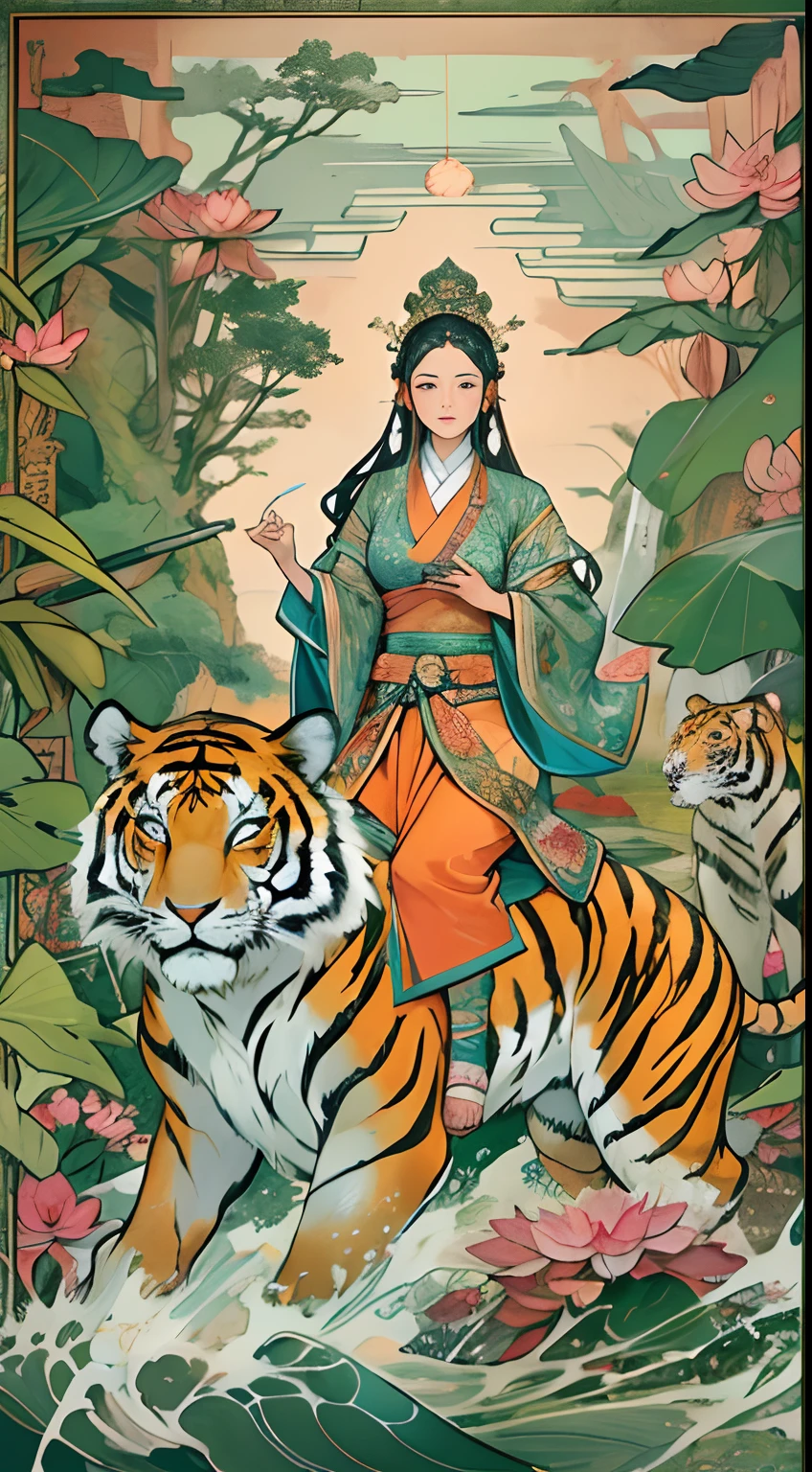 an ancient Chinese goddess, guanyin of the southern seas, Guanyin, Inspired by India, Avalokiteshvara rides a tiger,,Serene expression,shui mo hua,Buddha,Buddhist,Lotus,Chinese painting style,Thangka style