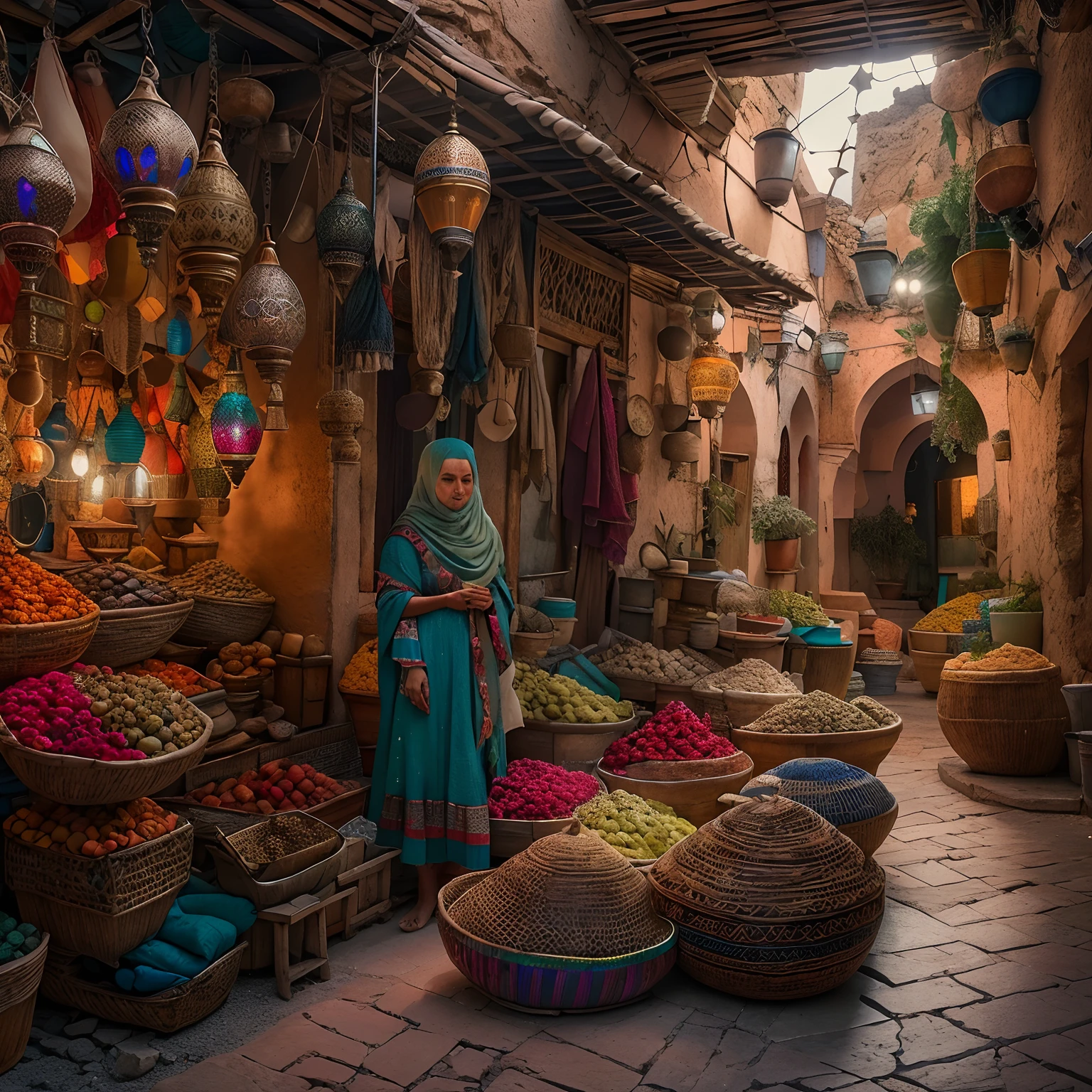 Moroccan Medina, Amazigh clothing, Touristes dans le souk, Masterpiece, Best quality, ultra highres, .RAW, ((Riad)), marrakech, marrakech, Lampes marocaines, (Photoluminescence), fleurs en fleurs, clair, Photo .Cinematic RAW, Hyper real photo, ultrarealistic, 8K UHD, DSLR, softlighting, High quality, grain du film, Fujifilm XT3, pictured on a Kodak Retina II Sanyo Xacti VPC-CA6, Objectif 50mm, Grand angle, Hdr, hyper-realistic, colourfull, volumeric lighting, [volumetric fog, humide], faible profondeur de champ, reflections, photo, (sparkling), luisant, (iridescent), Lueur, chatoyant, mystique, enchanteur, Brillant, Maroc, exotique, (Masterpiece) (Best quality) (Detailed) (8k) (Hdr) (wallpaper) (lighting cinematic) (mise au point nette) (complexe), Romantique, Olives