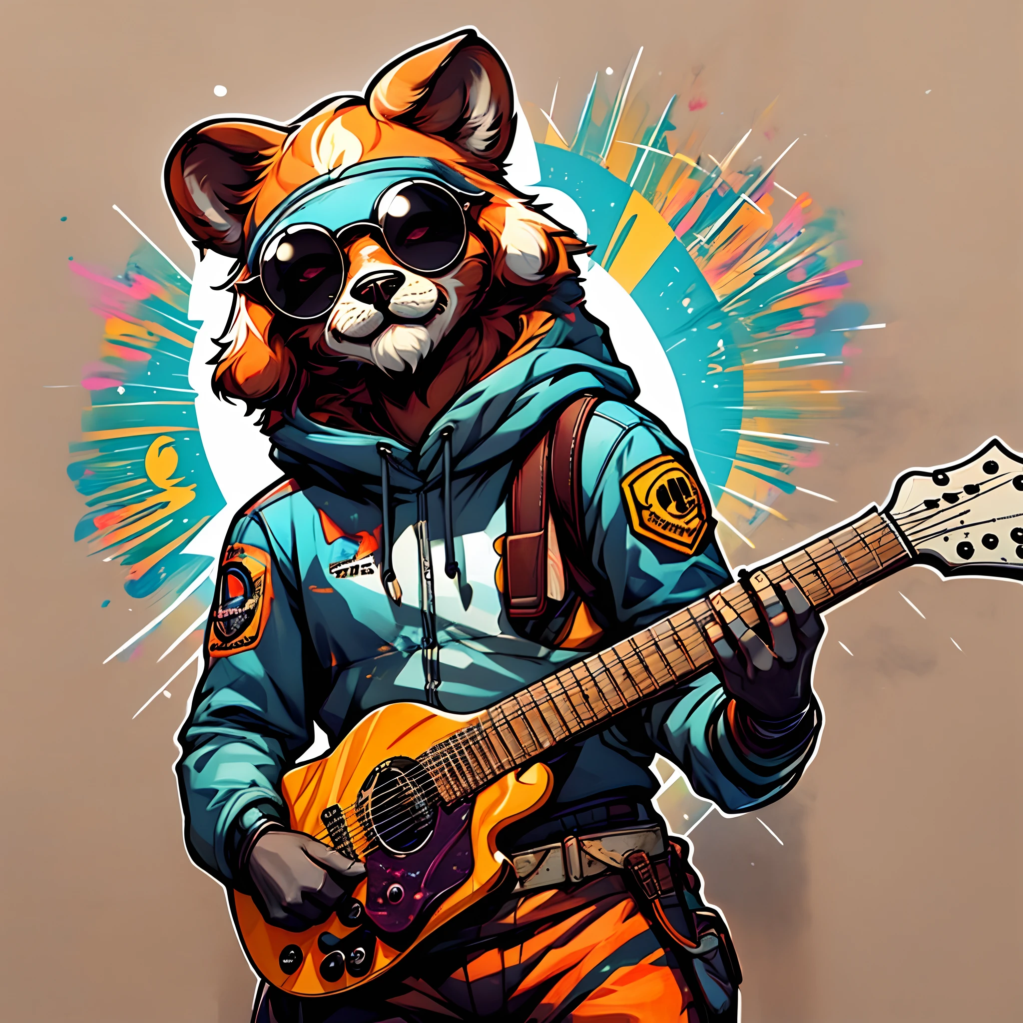 Countless award-winning masterpieces，Best quality at best，Highest resolution，Official fine art，The trend is at the art station，electric guitar，sun glasses，sticker design，An anthropomorphic dog，Hip-hop popular outfits，Rock cyberpunk，Cute visual stickers，simplebackground，White stroke，