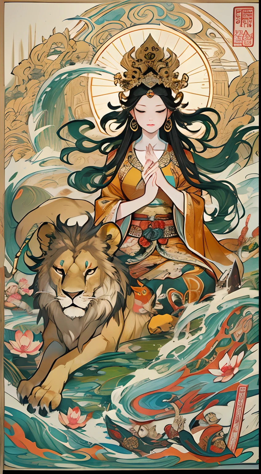 an ancient Chinese goddess, guanyin of the southern seas, Guanyin, Inspired by India, Avalokiteshvara rides a lion,Serene expression,shui mo hua,Buddha,Buddhist,Lotus,Chinese painting style,Thangka style