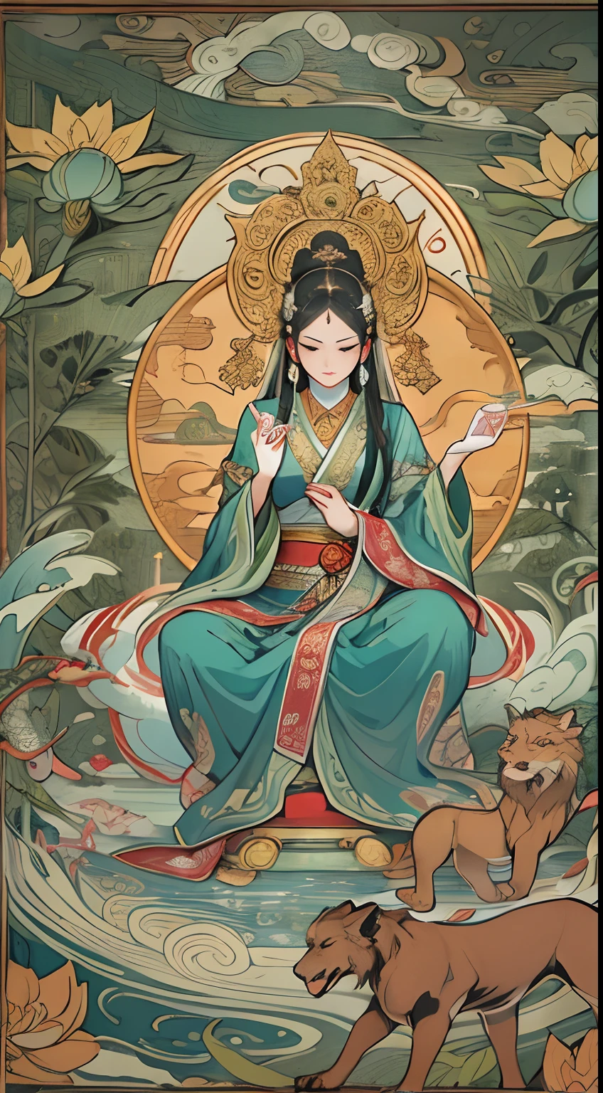 an ancient Chinese goddess, guanyin of the southern seas, Guanyin, Inspired by India, Avalokiteshvara rides a lion,Serene expression,shui mo hua,Buddha,Buddhist,Lotus,Chinese painting style,Thangka style