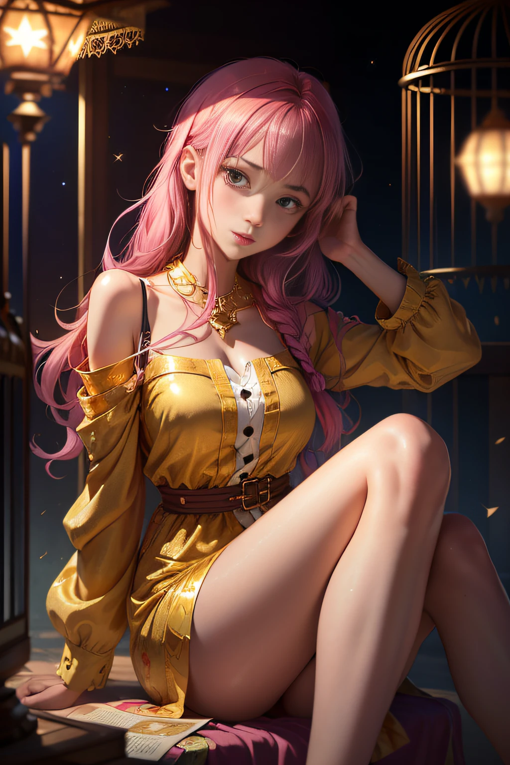 layla (masutepiece), (Best Quality), (ultra-detailliert),(disheveled hair),(Illustration), (1girl in), beautiful finely detailed eyes,Delicate beautiful face,floating,(High color saturation),(Colorful splashes),colorful bubble,(Shining),Focus on Face, Sitting in a glass ball, G;Bat cage, Golden Star and Lantern