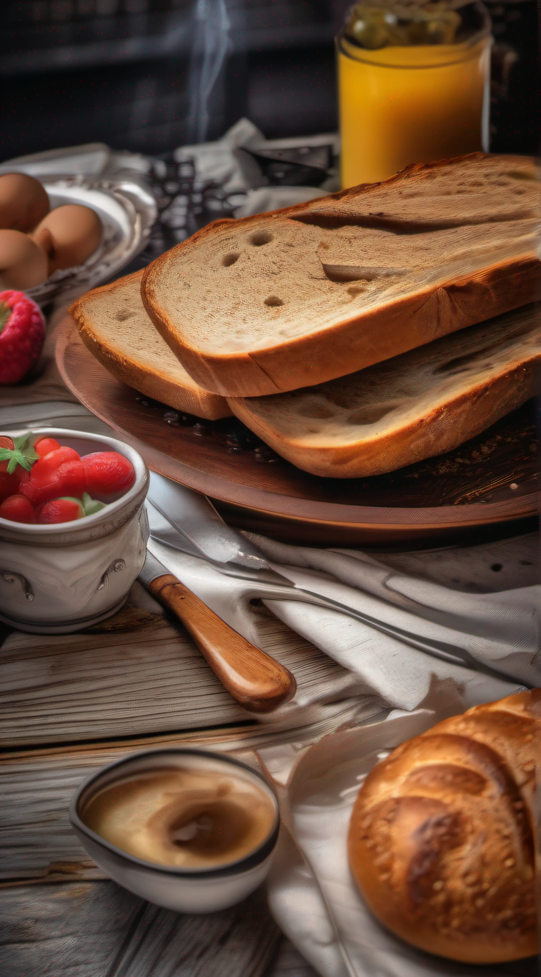 juicy broken bread, Coming out smoke on beautiful ultra detailed breakfast table, super detalalhadas textures photo realistic, foto promocional, hdr, adobe lightroom