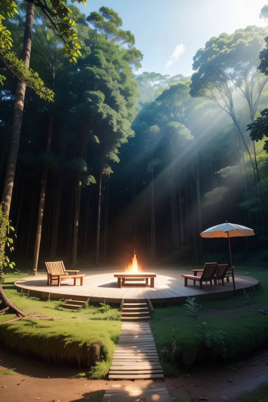 Create a realistic scenario with resolution for an environmental awareness project in the Amazon rainforest. The scenery is a magical place, onde a natureza se encontra com a criatividade humana. Na clareira, a majestic stage made of wood of the Ipê species is strategically positioned allowing a view of the forest in the background, providing a perfect environment for recording the videos. O alto, Dense trees form a green frame around the stage, Creating an atmosphere of connection with nature. Raios de sol filtrados pelas folhagens iluminam sutilmente o palco, adding a touch of mystery and enchantment to the environment. 
O palco e aberto sendo sem nada em cima e uma obra-prima do artesanato em formato oval, with its Ipê wood carefully crafted to create a cozy and welcoming space. The intricate details of Ipê bring a sense of solidity and durability, Symbolizing the importance of sustainability in the preservation of the Amazon rainforest. 
In this magical setting, Duas pessoas, ativistas ambientais apaixonados, will be on stage.