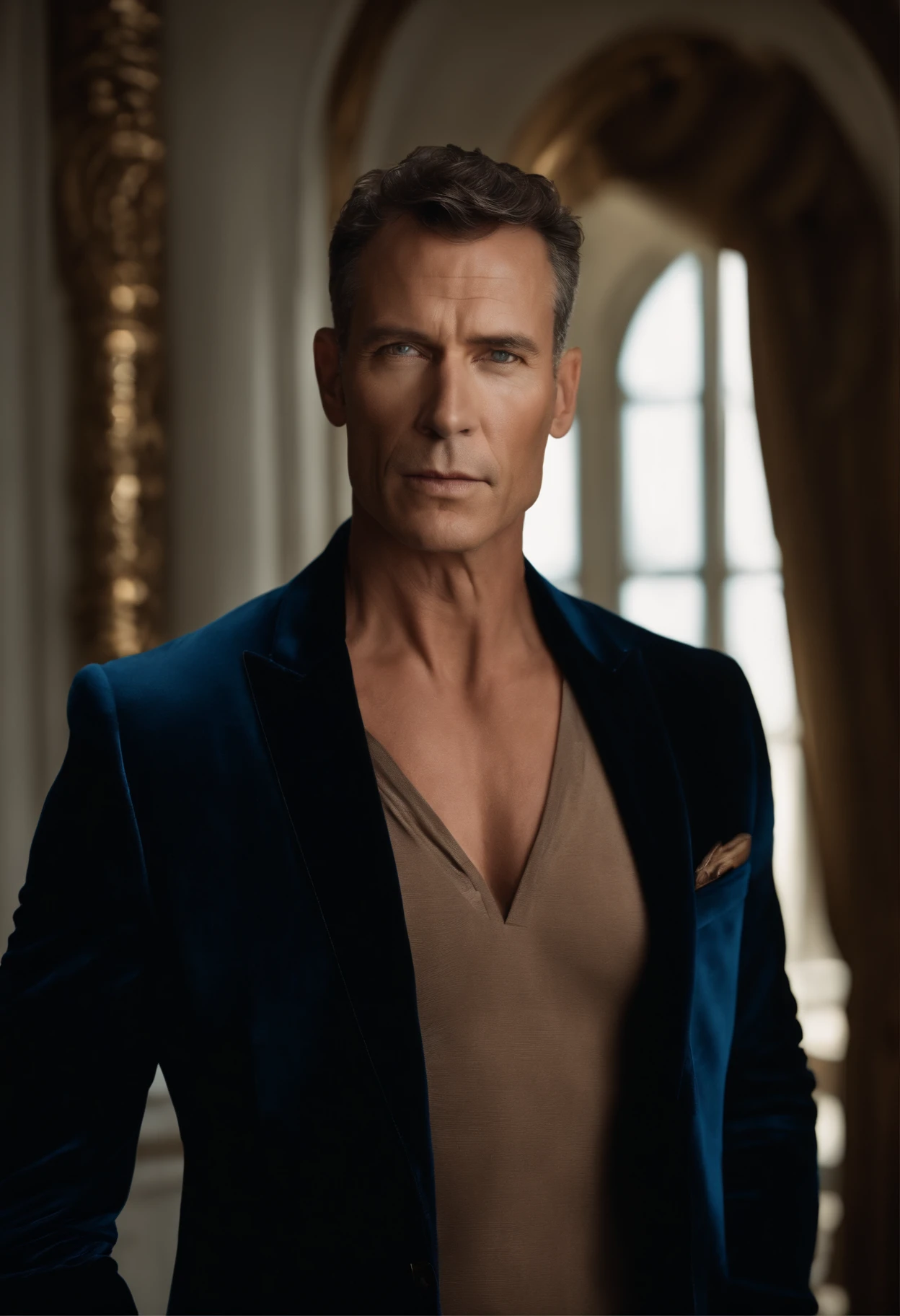 full bodyesbian, Close-up portrait of a handsome man body in wide angle photo , Tall and fit, (50 years old:1.1), (shaven:1.2) , (very short brown hair and slightly curly:1.5),(Very short hair:1.6). (Dark blue velvet tight suit:1.3). (Pose outside the mansion in a luxury car:1.1),Cold, dark sunset at dusk, (edge light:1.1),(focus on the eyes), (Proud look), (Strong light on the skin:1.2), (hard shadows, dark themed, Deep contrast:1.1), (Portrait photo by Annie Leibovitz), Dark mint theme and choral aesthetics, (skin imperfections)