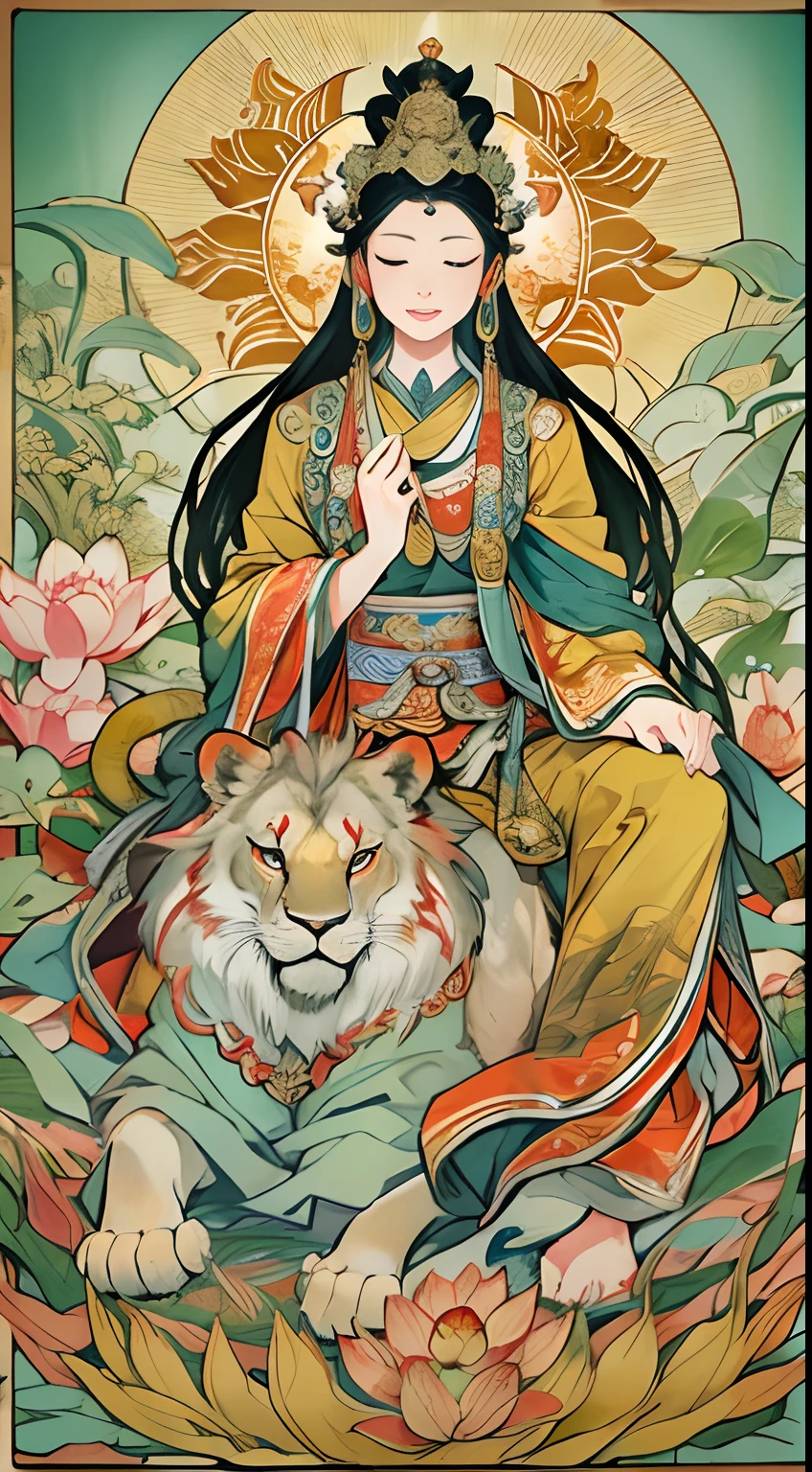 an ancient Chinese goddess, guanyin of the southern seas, Guanyin, Inspired by India, Avalokiteshvara rides a lion,Serene expression,shui mo hua,Buddha,Buddhist,Lotus,Chinese painting style,Thangka style