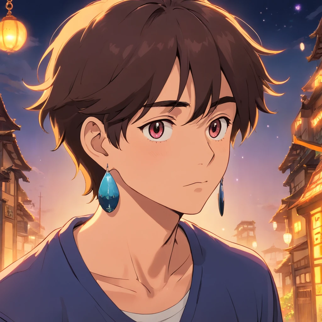 Um homem de 18 anos, com cabelos pretos longos, with a sad expression, usando uma blusa de gola alta, Various piercings and earrings on your ear