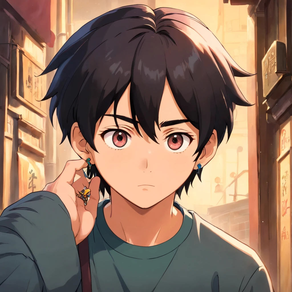 Um homem de 18 anos, com cabelos pretos longos, with a sad expression, usando uma blusa de gola alta, Various piercings and earrings on your ear