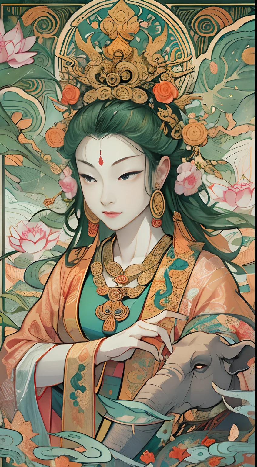 an ancient Chinese goddess, guanyin of the southern seas, Guanyin, Inspired by India, Avalokiteshvara rides an elephant,,Serene expression,shui mo hua,Buddha,Buddhist,Lotus,Chinese painting style,Thangka style
