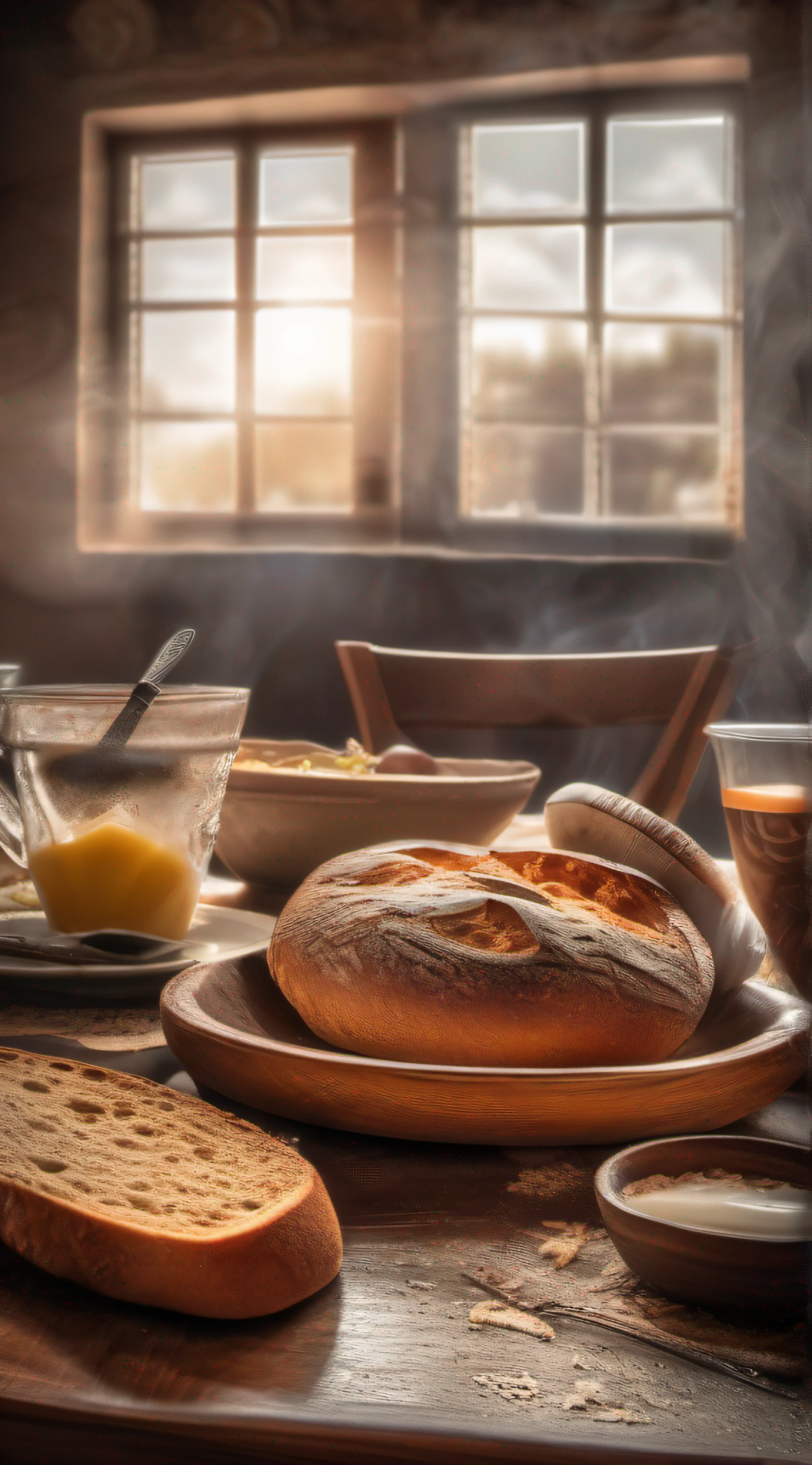juicy broken bread, Coming out smoke on beautiful ultra detailed breakfast table, super detalalhadas textures photo realistic, foto promocional, hdr, adobe lightroom