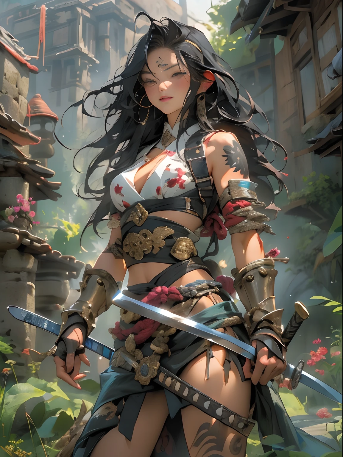 (((woman))), (((best qualityer))), (((tmasterpiece))), (((AS-Adult))), ((( Japanese ))), Look up from your knees, A beautiful asian samurai woman with perfect body, Modern samurai, ((( Asian))), Wear gloves on your hands,The left arm is made of steel and metal tips,Made of protective devices, The eyes are pulled, (( Appears below the breast )), (( Small dental floss )), Simon Bisley, Almost naked(Simon Bisley)Castle City Wilderness,For high-resolution posters, hair straight, Minimum clothing, armure (Crazy clothes ), Full of tips and rivets, tribal tattoos, (((full bodyesbian))), Straight brunette hair,Colored hair ends
