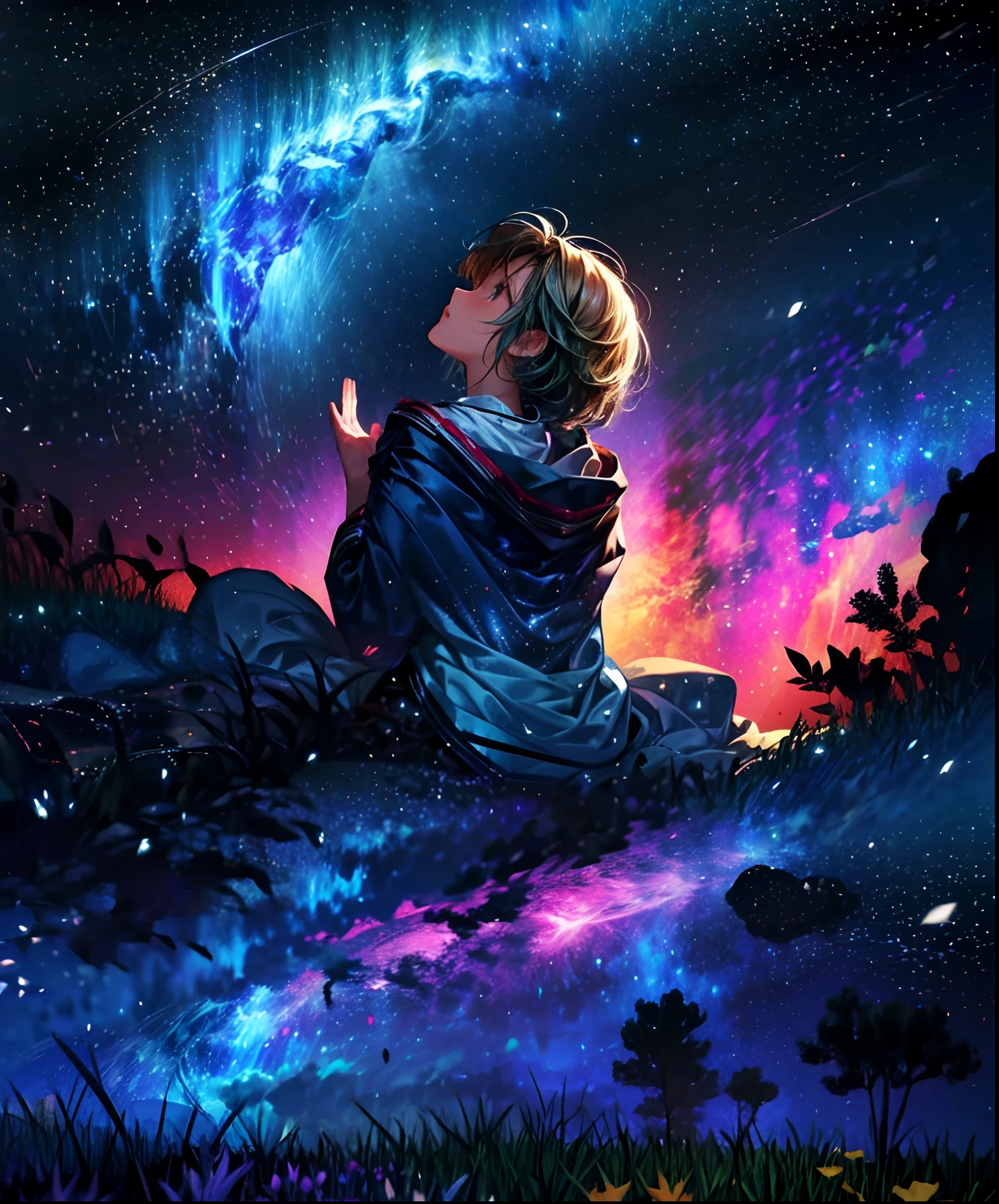 Describe a scene where a cute girl character is lying on a grassy hill, Looking up at the starry sky. Surround her with colorful nebulae and her favorite constellations.