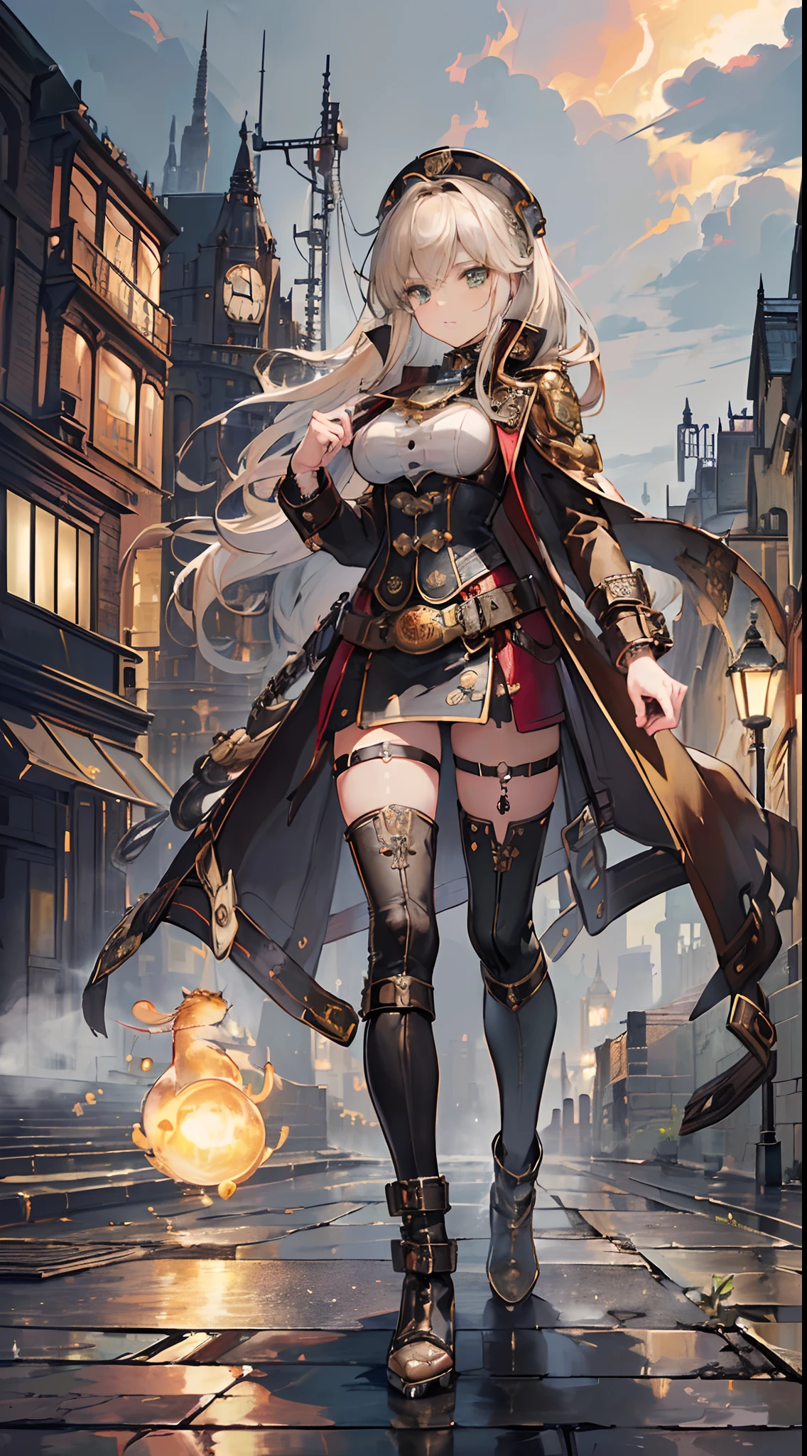 masterpiece,Ultra-fine 8K,超A high resolution,Detailed description,Smooth depiction,Accurate rendering,The Golden Rule,(London、Victorian culture:1.8)、((Equipped with a reinforcement mechanism that moves with countless gearolomi、Beautiful golden cat eyes:1.2),Whitening skin,Western-style beautiful girl in anime style,Wearing an antique leather coat with steampunk-style gear and watch embellishments,Metallic boots,Vast steam、Complex cities、Expressed in detail、Complex structure with pipes、A city studded with countless steam and gears、Eventide、high sky、Empty steam、Eventide、Overhead scenery,Full body depiction,Splash Art Style,