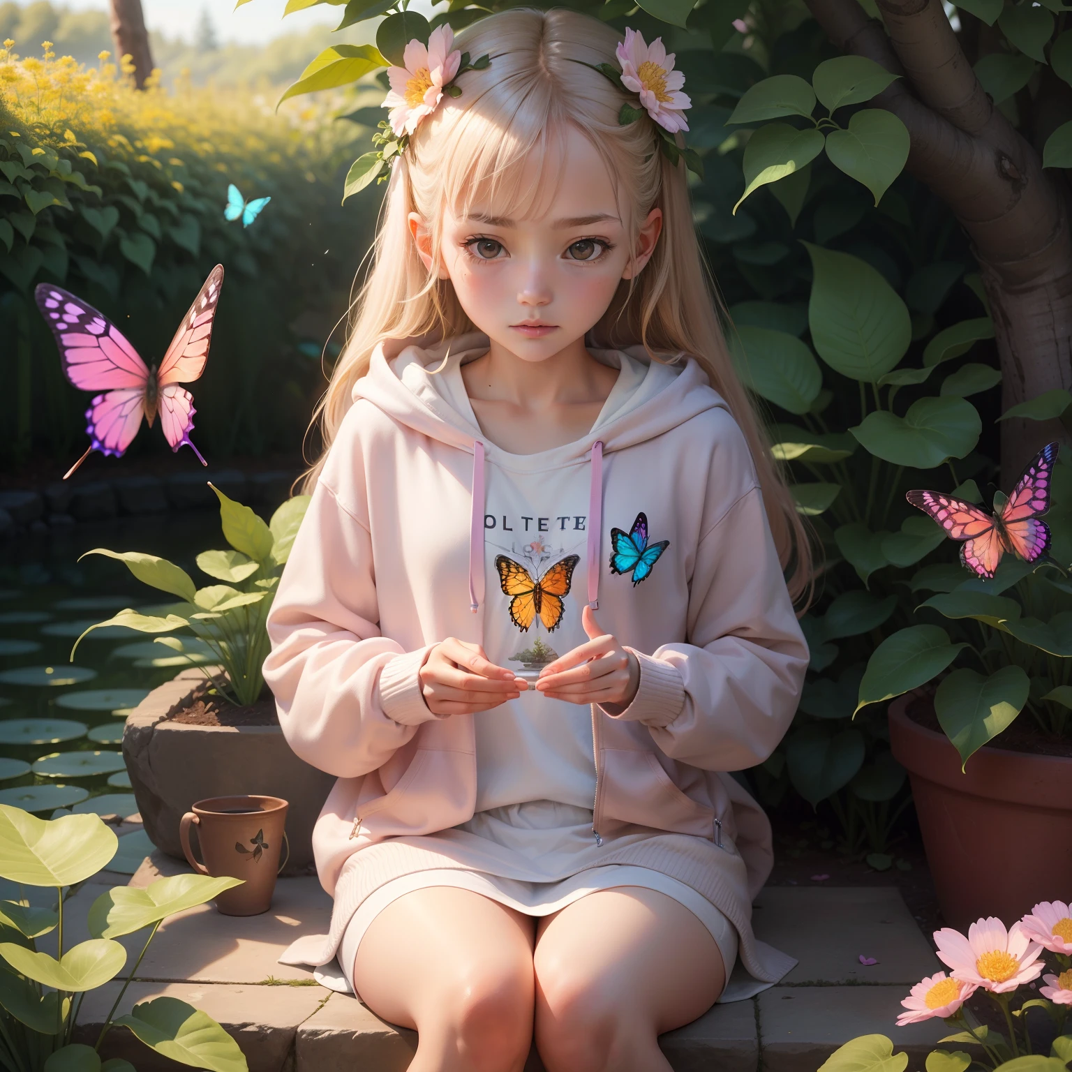 Create an enchanting artwork featuring a girl in a butterfly-themed hoodie with a butterfly delicately perched on her finger. Visualize a serene garden setting with colorful flowers and fluttering butterflies around. Capture the moment of connection between the girl and the butterfly, highlighting the intricate details of both. Convey the sense of harmony between the girl's attire and the natural world in this captivating scene.