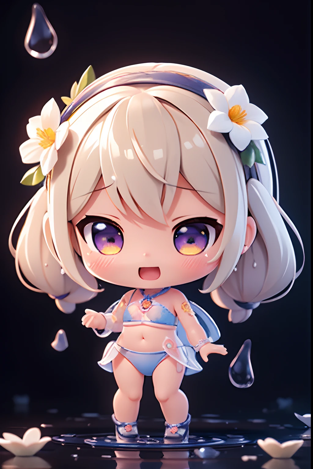 photoRealstic、Doll standing in front of the painting(nendroid)、Water droplets on the cheeks、Happy singing face、Sengai、pixiv、rokoko、dollfie dream、watercolor Nendoroid、(High Definition Figure)、Flowing iridescent silk、up of face、Eye Up、Bikini swimwear(with floral pattern)、There are also flowers in front of the nendroids、flower petals、water dripping、Shot through a glass full of water droplets.、season!!: 夏天☀ 🍂