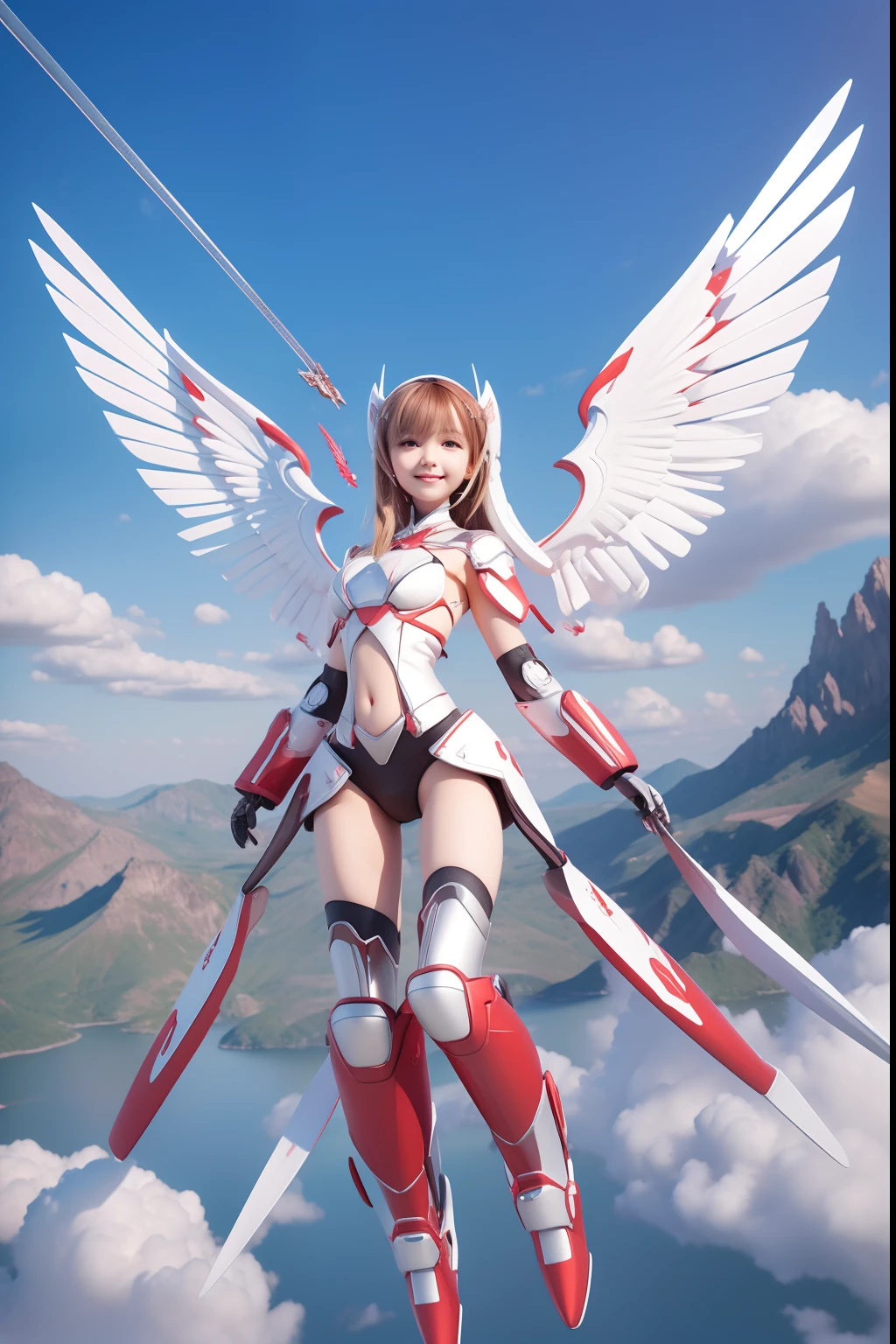 Digital Painting, Digital Illustration, Floating in the air、Fly through the sky with open metal wings、Landscape above the sky、Extreme Detail, Digital Art, 4K, Ultra Full 、Ulutra HD,analyzer、Supporting Female Robots、Cute smiling girl、Excellent brains、tiny chest、Slender figure、Red and white metal body、