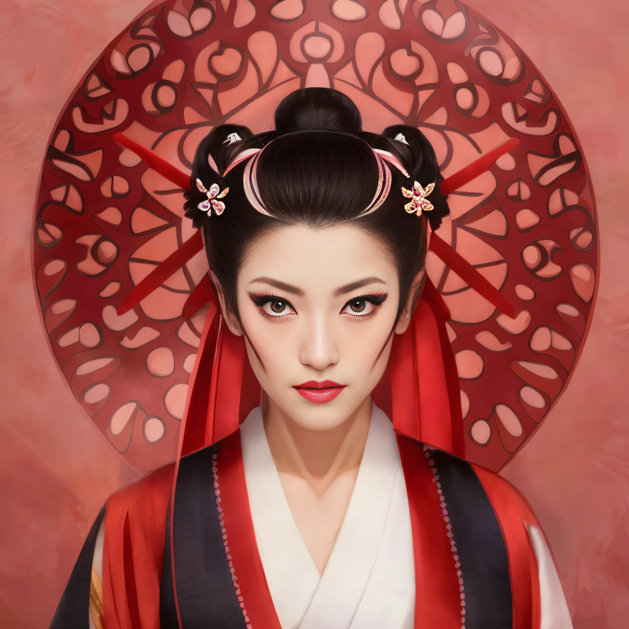 arafed image of a woman with a red umbrella and a black dress, Portrait of a beautiful geisha, Portrait of the geisha, cyberpunk geisha, Portrait of a geisha, Beauty geisha, geisha, The penetrating gaze of Yuki Onna, in style digital illustration, Portrait of Onmyoji, inspired by Itō Shinsui, Japanese Goddess.