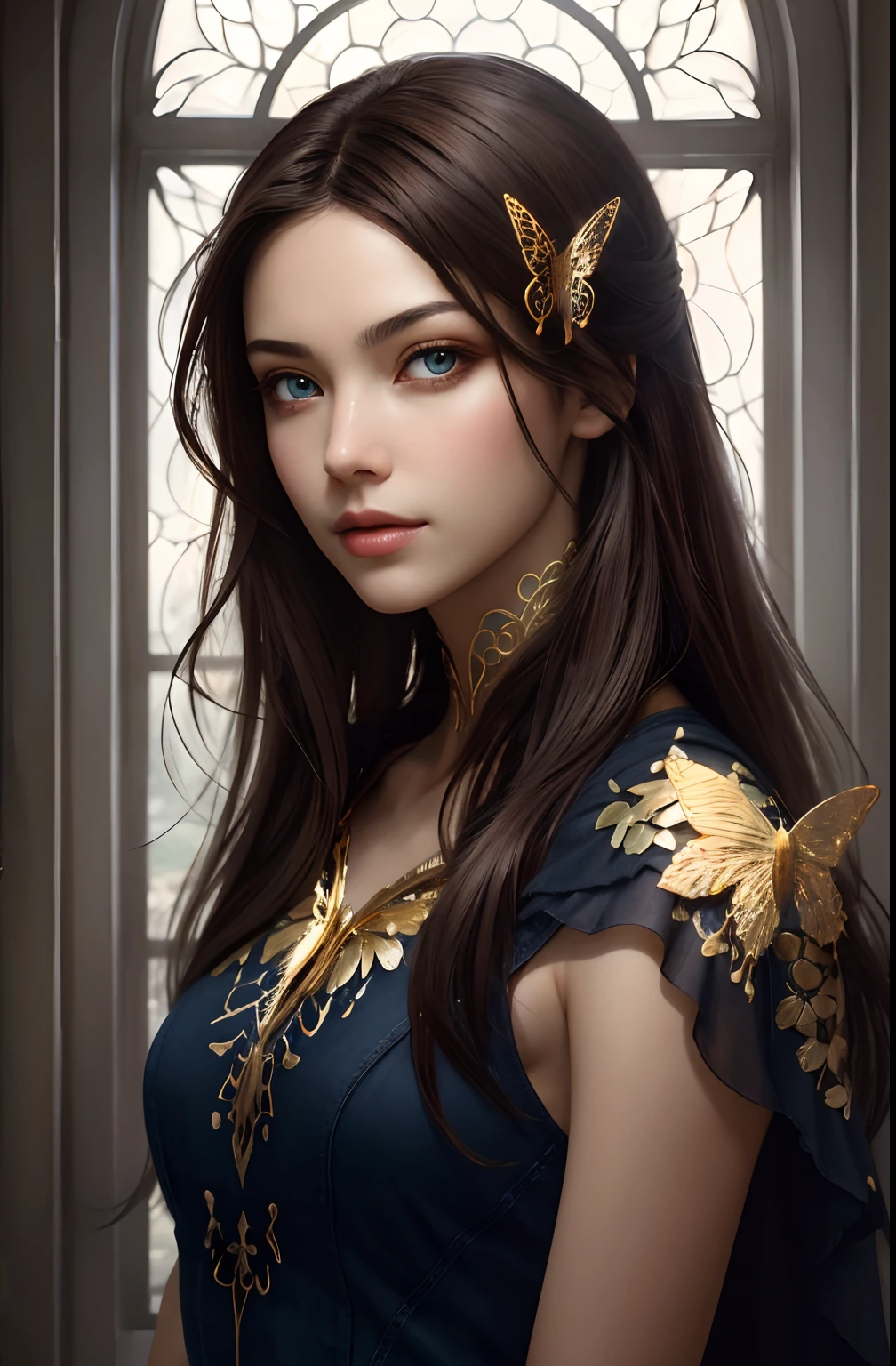 8k portrait of beautiful cyborg with brown hair, intricate, elegant, highly detailed, majestic, digital photography, art by artgerm and ruan jia and greg rutkowski surreal painting gold butterfly filigree, broken glass, (masterpiece, sidelighting, finely detailed beautiful eyes: 1.2), hdr,