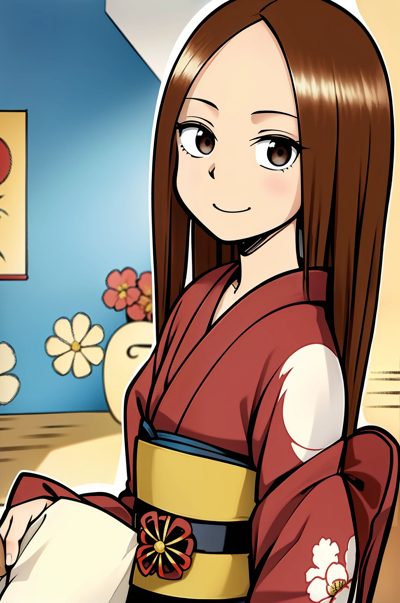 masterpiece, best quality, TakagiSanFirstVersion, 1girl, solo, looking at viewer, serious, smile, brown hair, shirt, brown eyes, parted bangs, forehead, standing, jaggy lines, single hair bun, japanese clothes , kimono , looking at viewer, (white kimono:1.4), red sash, collarbone, (floral print:1.2), obi, kinchaku, hair ornament