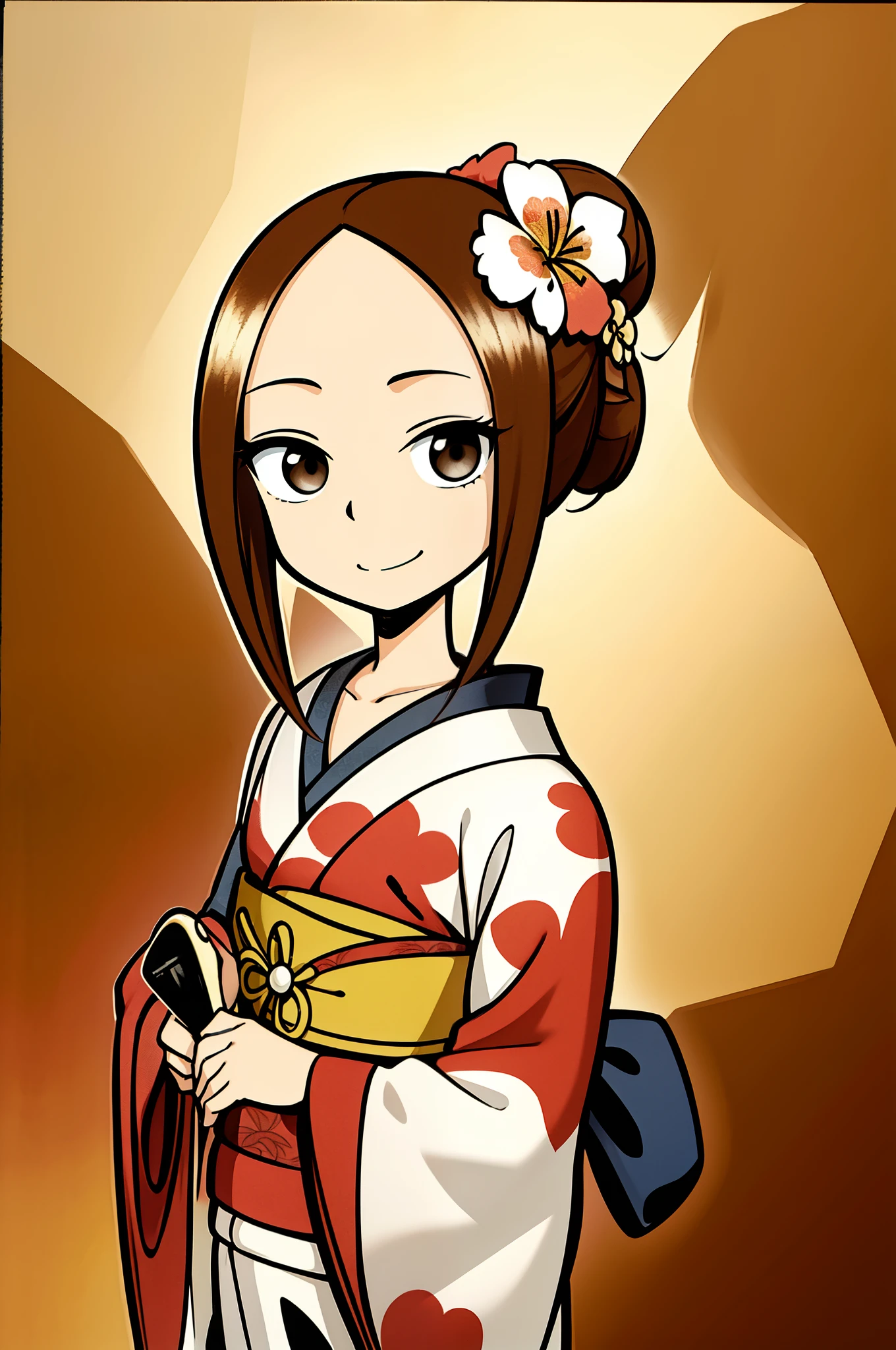 masterpiece, best quality, TakagiSanFirstVersion, 1girl, solo, looking at viewer, serious, smile, brown hair, shirt, brown eyes, parted bangs, forehead, standing, jaggy lines, single hair bun, japanese clothes , kimono , looking at viewer, (white kimono:1.4), red sash, collarbone, (floral print:1.2), obi, kinchaku, hair ornament