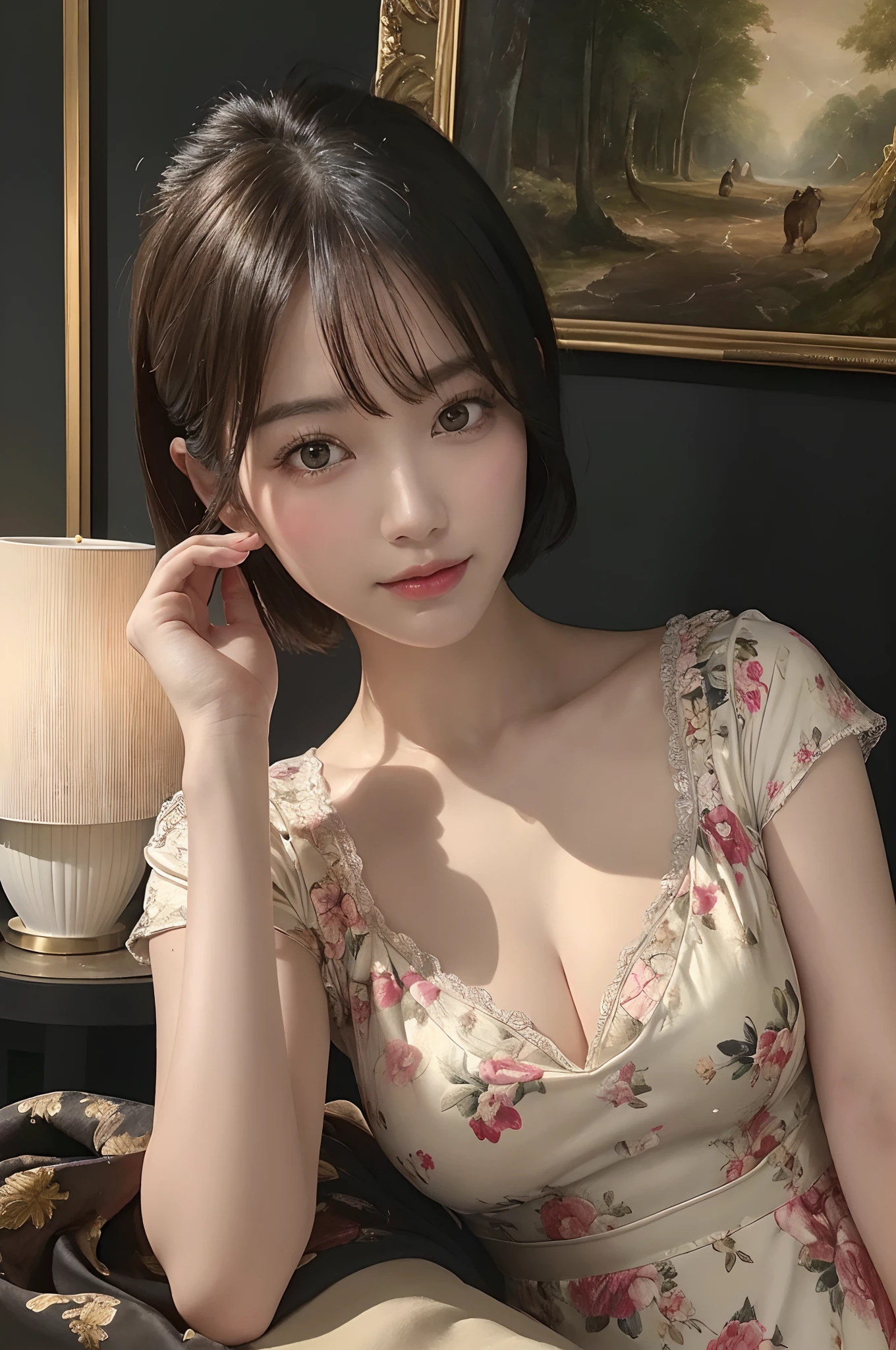 (RAW Photography、top-quality)、(realisitic、Photorealsitic:1.3)、top-quality、high-detail、masterpiece、ultra-detailliert、(1womanl)、(((Beautiful skin)))、dynamic ungle、(((very-short-hair)))、top-quality、the Extremely Detailed CG Unity 8K Wallpapers、inky、magnifica、电影灯光、(nice breasts)、((Oil paintings by Rubens))、((Light and Darkness:1.3))、((Contrasty:1.2))、(Floral Dresses)、A slight smil、((Luxurious room))