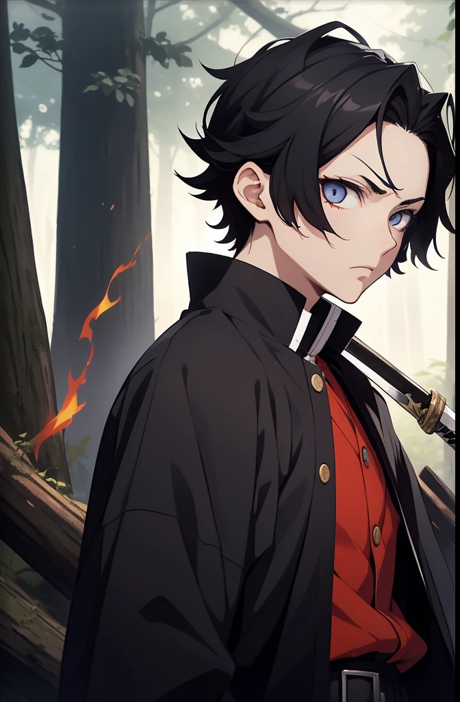 man, black hair, short haircut slanted down, dark eyes, kimetsu no yaiba art style, calm look, katana in hand, breathing of flames, average height, location in the forest at night, clothing style kimetsu no yaiba