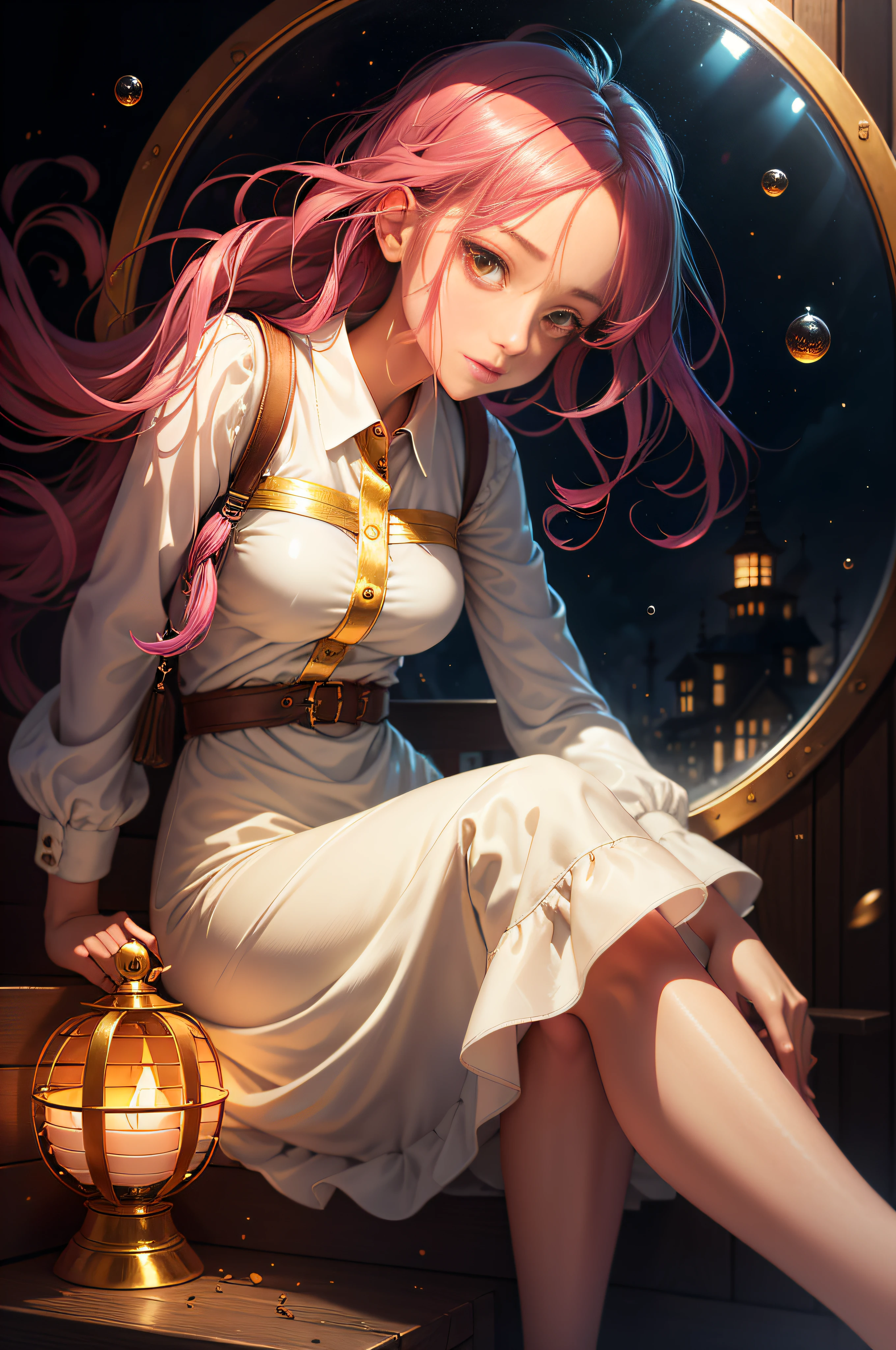 layla (masutepiece), (Best Quality), (ultra-detailliert),(disheveled hair),(Illustration), (1girl in), beautiful finely detailed eyes,Delicate beautiful face,floating,(High color saturation),(Colorful splashes),colorful bubble,(Shining),Focus on Face, Sitting in a glass ball, G;Cage bat, Golden Star and Lantern