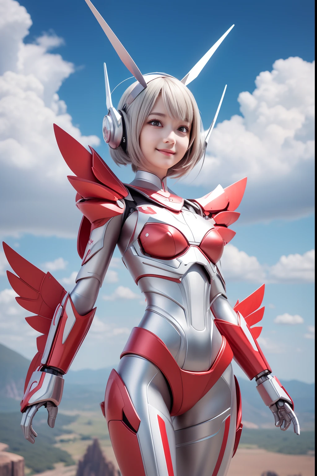 Digital Painting, Digital Illustration, Floating in the air、Fly through the sky with open metal wings、Landscape above the sky、Extreme Detail, Digital Art, 4K, Ultra Full 、Ulutra HD,analyzer、Supporting Female Robots、Cute smiling girl、Excellent brains、tiny chest、Slender figure、Red and white metal body、