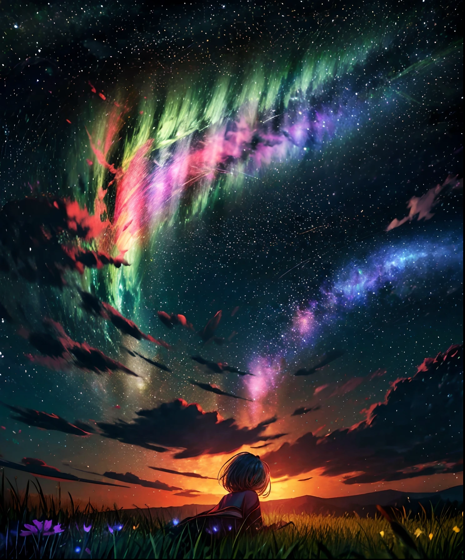 Describe a scene where a cute girl character is lying on a grassy hill, Looking up at the starry sky. Surround her with colorful nebulae and her favorite constellations.