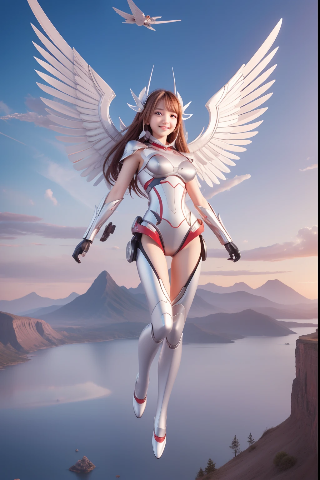 Digital Painting, Digital Illustration, Floating in the air、Fly through the sky with open metal wings、Landscape above the sky、Extreme Detail, Digital Art, 4K, Ultra Full 、Ulutra HD,analyzer、Supporting Female Robots、Cute smiling girl、Excellent brains、tiny chest、Slender figure、Red and white metal body、