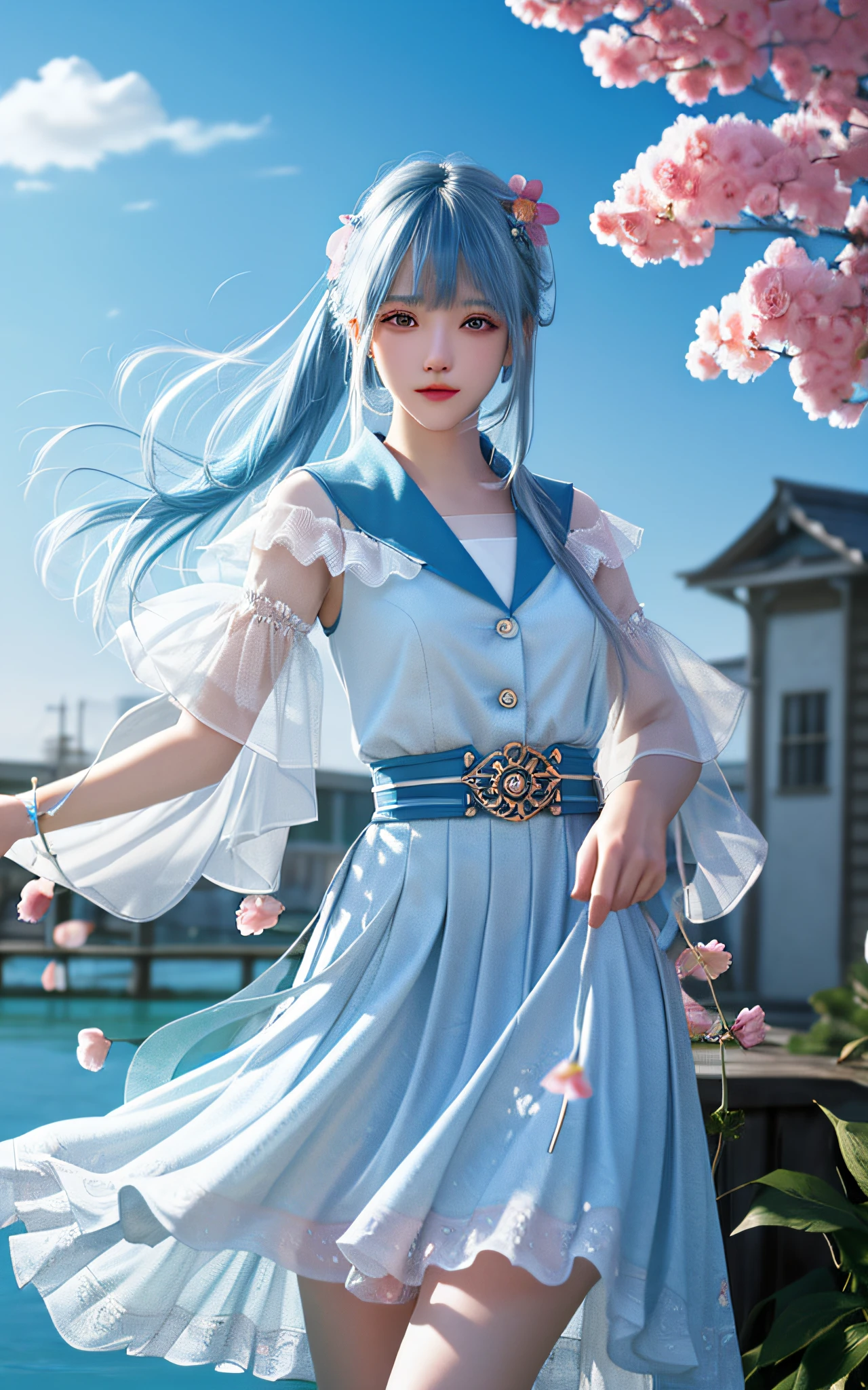 (Masterpiece), (Best quality), (Ultra detailed),(Disheveled hair),(illustration), (1girll), (Fashionable clothing), standing, Fashion model, view the viewer, (interview), (Simple background),Beautiful detailed eyes, Delicate beautiful face, Floating,(High saturation),(Colorful splashes),colorful bubble,(Shining), focus onface,  pony tails, Kamiasto ayaka, Light blue hair, bangs, Hair ring, Floating flowers, Floating hairs, (Shining), BEST lighting, Best shadow,