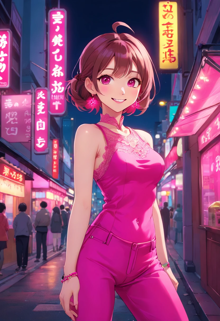 K, masutepiece, Raw photo, Best Quality, Photorealistic, Highly detailed CG Unity 8K wallpaper, depth of fields, Cinematic Light, Lens Flare, Ray tracing, (Extremely beautiful face, Beautiful lips, Beautiful eyes), intricate detail face,Cherry blossom cityscape　nighttime scene　Washing a car called Corvette ((Ultra detailed skin)) 1girl in, In the Dark, deepshadow, Pretty Korean girl, Kpop Idol, 1 girl, (Very slim and slender fit muscular body:1.3), ((Looking at Viewer)),(Big smile:1.3), (Tight lace blouse), (Hot Pink Color Blouse), (Sleeveless) , (Fashion City Night, a dark night, (Neon sign), (Blurred background), Fashion Street Night),(No people in the background:1.3), Beautiful earrings, Bracelets, Necklace, pantyhose, Clear eyes, (pale skin), (Big eyes), Face forward, ((upperbody shot)), ((Silk Hot Pink Color Pants:1.3)),(Brown hairs),((Tight Fit Silk Pants)), (Looking at Viewer:1.3) opened breast, Very slim, medium breasts, backtrack, Back shot, see through, Transparent pants, Pony tail, updo hair