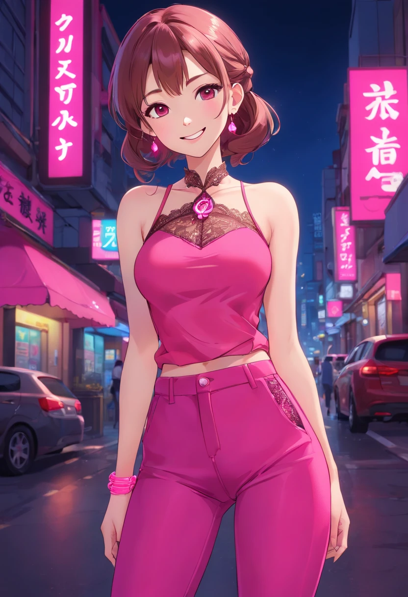 K, masutepiece, Raw photo, Best Quality, Photorealistic, Highly detailed CG Unity 8K wallpaper, depth of fields, Cinematic Light, Lens Flare, Ray tracing, (Extremely beautiful face, Beautiful lips, Beautiful eyes), intricate detail face,Cherry blossom cityscape　nighttime scene　Washing a car called Corvette ((Ultra detailed skin)) 1girl in, In the Dark, deepshadow, Pretty Korean girl, Kpop Idol, 1 girl, (Very slim and slender fit muscular body:1.3), ((Looking at Viewer)),(Big smile:1.3), (Tight lace blouse), (Hot Pink Color Blouse), (Sleeveless) , (Fashion City Night, a dark night, (Neon sign), (Blurred background), Fashion Street Night),(No people in the background:1.3), Beautiful earrings, Bracelets, Necklace, pantyhose, Clear eyes, (pale skin), (Big eyes), Face forward, ((upperbody shot)), ((Silk Hot Pink Color Pants:1.3)),(Brown hairs),((Tight Fit Silk Pants)), (Looking at Viewer:1.3) opened breast, Very slim, medium breasts, backtrack, Back shot, see through, Transparent pants, Pony tail, updo hair