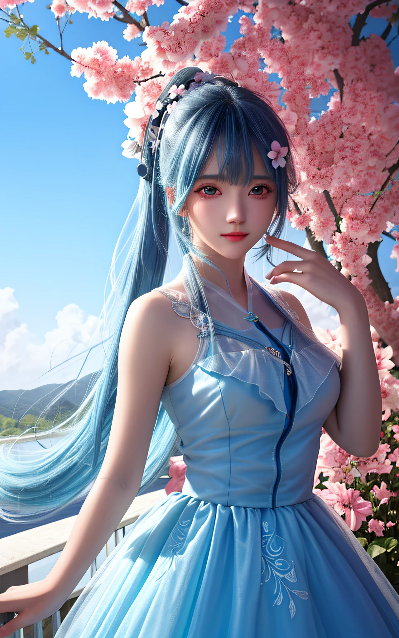 (Masterpiece), (Best quality), (Ultra detailed),(Disheveled hair),(illustration), (1girll), (Fashionable clothing), standing, Fashion model, view the viewer, (interview), (Simple background),Beautiful detailed eyes, Delicate beautiful face, Floating,(High saturation),(Colorful splashes),colorful bubble,(Shining), focus onface, pony tails, Kamiasto ayaka, Light blue hair, bangs, Hair ring, Floating flowers, Floating hairs, (Shining), BEST lighting, Best shadow,