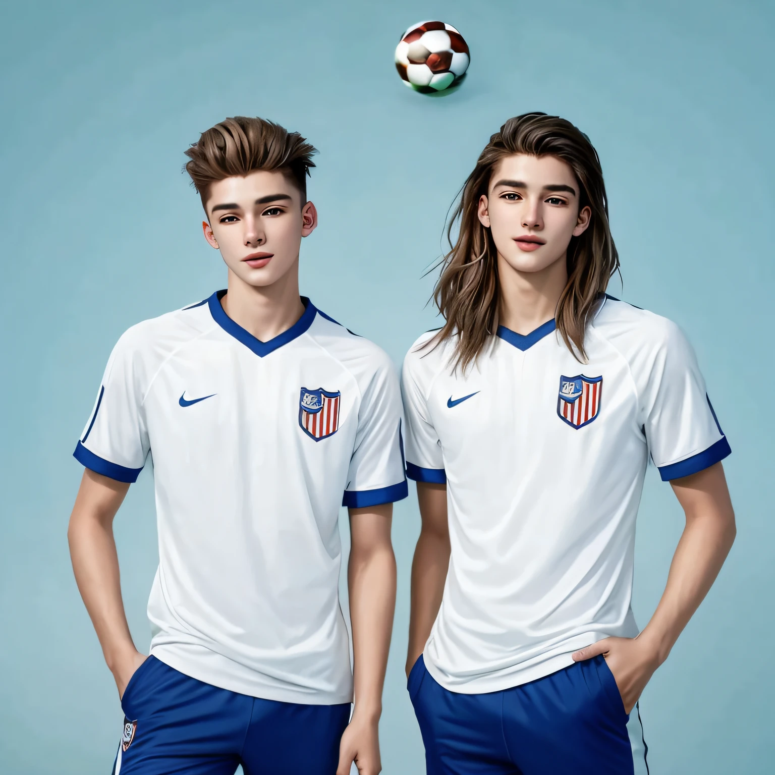 Male twins , cabelos pretos encaracolados, pale skin and bluish-green eyes, athletic size, vestindo blusas de futebol americano, sorrindo, digital influencers, One of the twins has a mole on his face