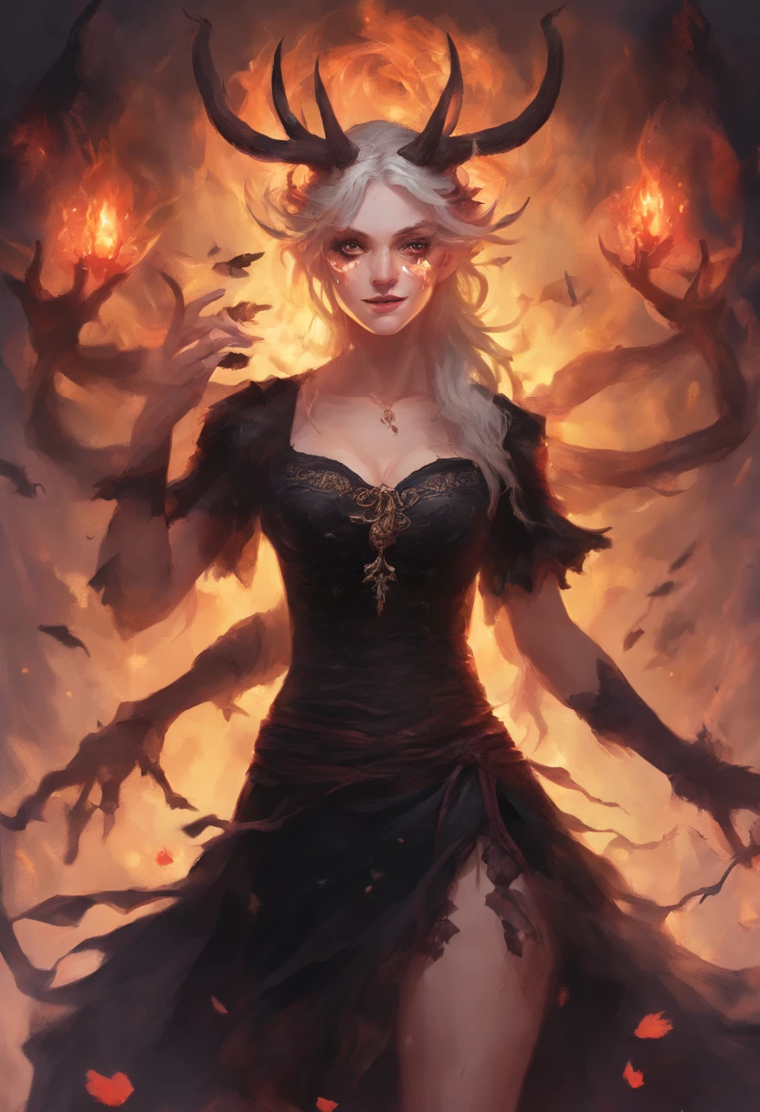 woman who has glowing light for eyes and a single hag horn, black dress, mass of bugs on her body, full body, fantasy character, horror