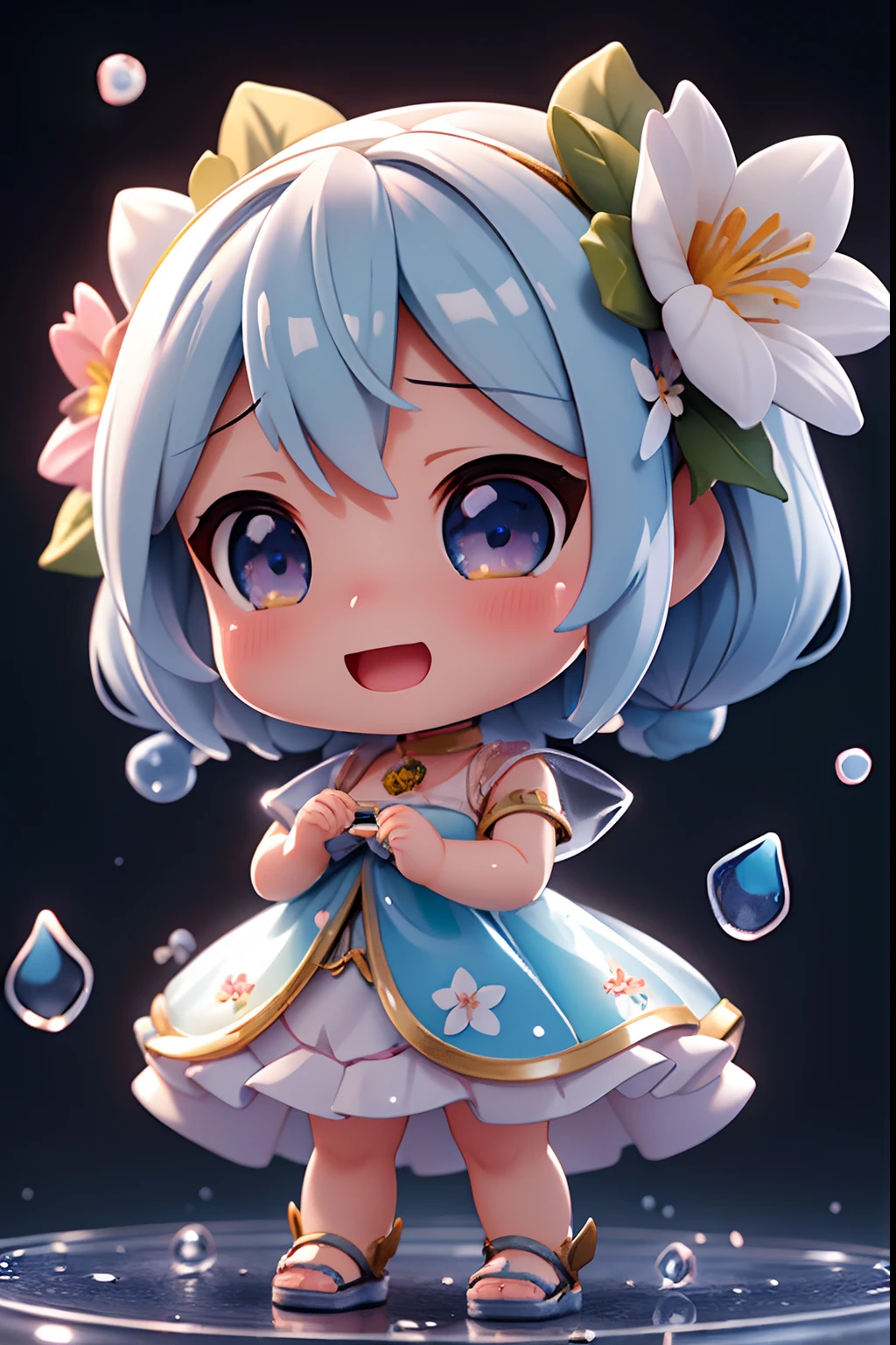 photoRealstic、Doll standing in front of the painting(nendroid)、Water droplets on the cheeks、Happy singing face、Sengai、pixiv、rokoko、dollfie dream、watercolor Nendoroid、(High Definition Figure)、Flowing iridescent silk、up of face、Eye Up、Bikini swimwear(with floral pattern)、There are also flowers in front of the nendroids、flower petals、water dripping、Shot through a glass full of water droplets.、season!!: 夏天☀ 🍂