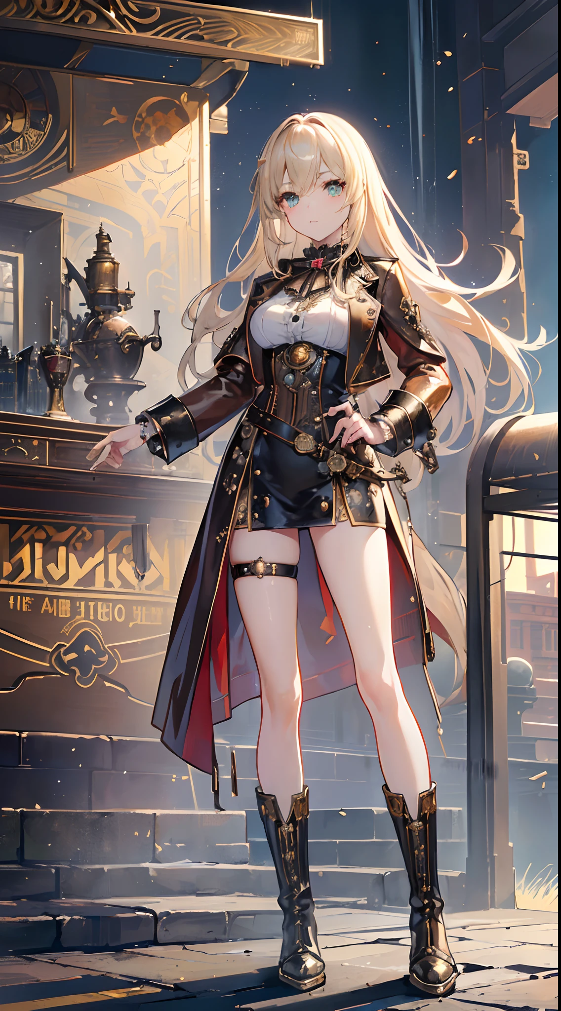 ​masterpiece，Ultra-fine 8K，超A high resolution，Detailed description，Smooth depiction，Accurate rendering，The Golden Rule，(London、Victorian culture：1.8）、((Equipped with a reinforcement mechanism that moves with countless gearolomi))、(hitomi、Beautiful golden cat eyes：1.3)，Whitening skin，Western-style beautiful girl in anime style，Wearing an antique leather coat with steampunk-style gear and watch embellishments，Metallic boots，Vast steam、Complex cities、Expressed in detail、Complex structure with pipes、A city studded with countless steam and gears、Eventide、high sky、Empty steam、Overhead scenery，Full body depiction，Splash Art Style，