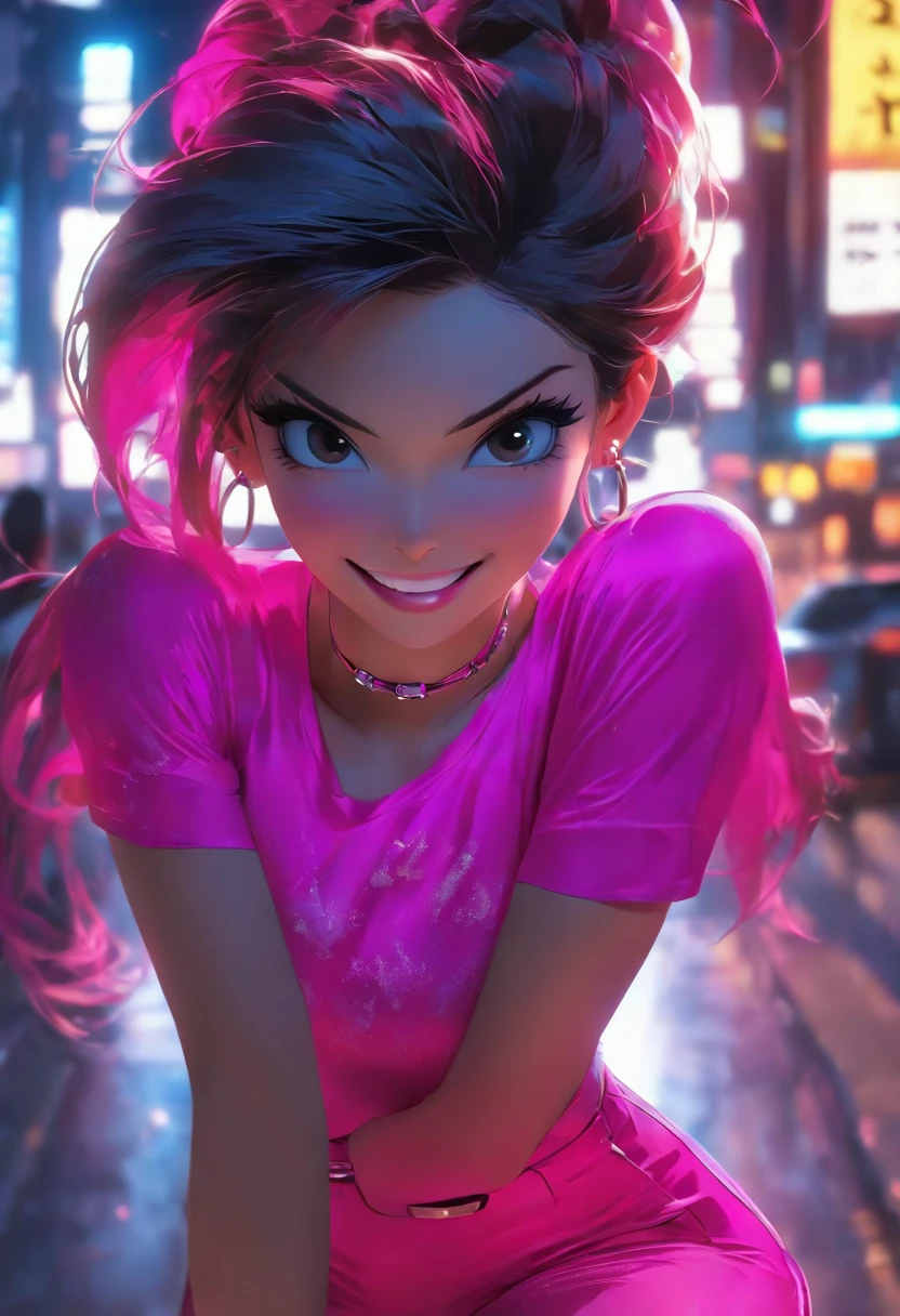 K, masutepiece, Raw photo, Best Quality, Photorealistic, Highly detailed CG Unity 8K wallpaper, depth of fields, Cinematic Light, Lens Flare, Ray tracing, (Extremely beautiful face, Beautiful lips, Beautiful eyes), intricate detail face,Cherry blossom cityscape　nighttime scene　Washing a car called Corvette ((Ultra detailed skin)) 1girl in, In the Dark, deepshadow, Pretty Korean girl, Kpop Idol, 1 girl, (Very slim and slender fit muscular body:1.3), ((Looking at Viewer)),(Big smile:1.3), (Tight lace blouse), (Hot Pink Color Blouse), (Sleeveless) , (Fashion City Night, a dark night, (Neon sign), (Blurred background), Fashion Street Night),(No people in the background:1.3), Beautiful earrings, Bracelets, Necklace, pantyhose, Clear eyes, (pale skin), (Big eyes), Face forward, ((upperbody shot)), ((Silk Hot Pink Color Pants:1.3)),(Brown hairs),((Tight Fit Silk Pants)), (Looking at Viewer:1.3) opened breast, Very slim, medium breasts, backtrack, Back shot, see through, Transparent pants, Pony tail, updo hair