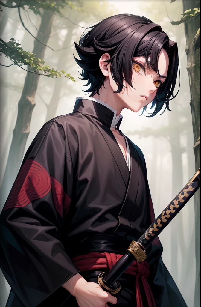 man, black hair, short haircut slanted down, dark eyes, kimetsu no yaiba art style, calm look, katana in hand, breathing of flames, average height, location in the forest at night, clothing style kimetsu no yaiba