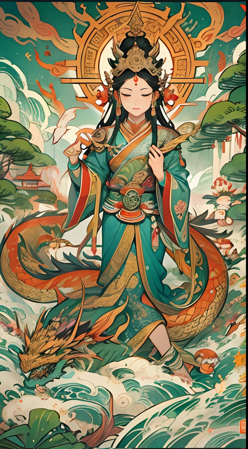 an ancient Chinese goddess, guanyin of the southern seas, Guanyin, Inspired by India, Avalokiteshvara rides a dragon,,Serene expression,shui mo hua,Buddha,Buddhist,Lotus,Chinese painting style,Thangka style