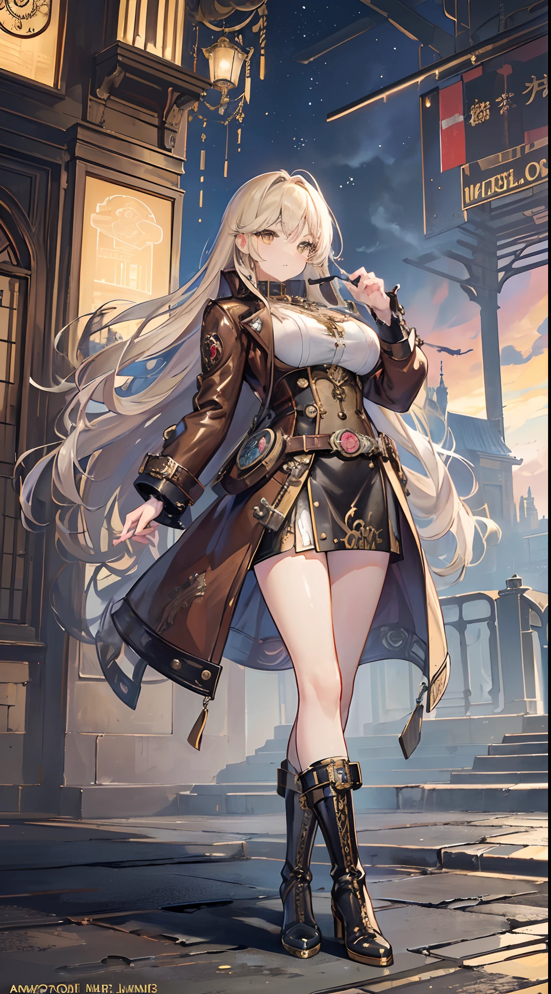 masterpiece,Ultra-fine 8K,超A high resolution,Detailed description,Smooth depiction,Accurate rendering,The Golden Rule,(London、Victorian culture:1.8)、((Equipped with a reinforcement mechanism that moves with countless gearolomi))、(hitomi、Beautiful golden cat eyes:1.3),Whitening skin,Western-style beautiful girl in anime style,Wearing an antique leather coat with steampunk-style gear and watch embellishments,Metallic boots,Vast steam、Complex cities、Expressed in detail、Complex structure with pipes、A city studded with countless steam and gears、Eventide、high sky、Empty steam、Overhead scenery,Full body depiction,Splash Art Style,