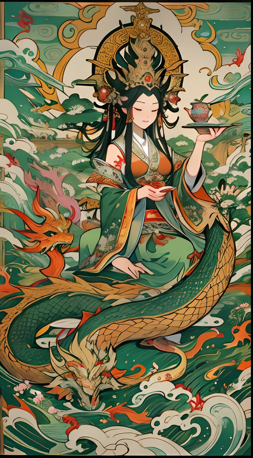 an ancient Chinese goddess, guanyin of the southern seas, Guanyin, Inspired by India, Avalokiteshvara rides a dragon,,Serene expression,shui mo hua,Buddha,Buddhist,Lotus,Chinese painting style,Thangka style