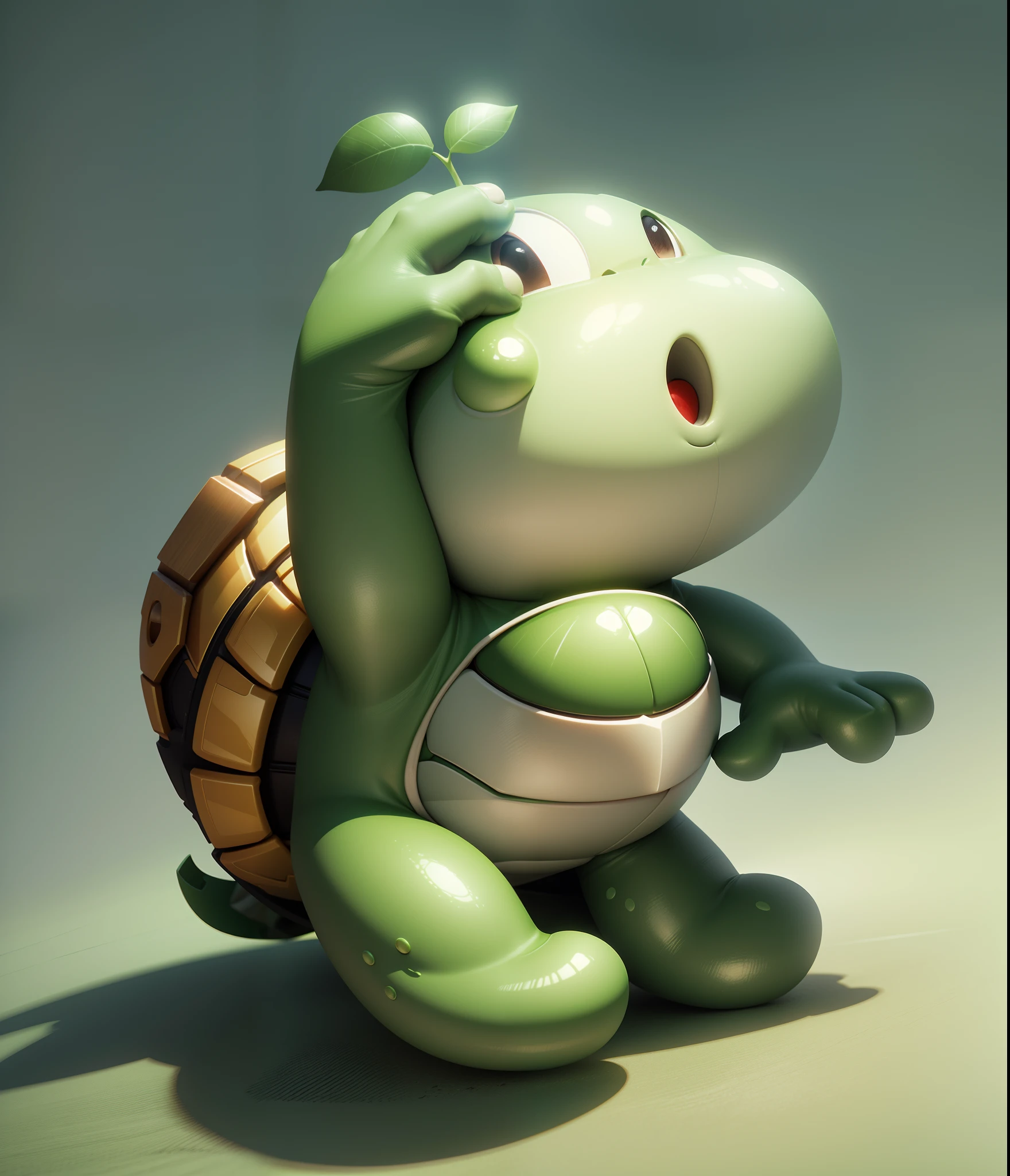 Cute cartoon,Green skin,The shell is brown,Redfaced,ssmile,He raised his left hand above his head,rendering by octane,Soft lighting,estilo cartoon 3d